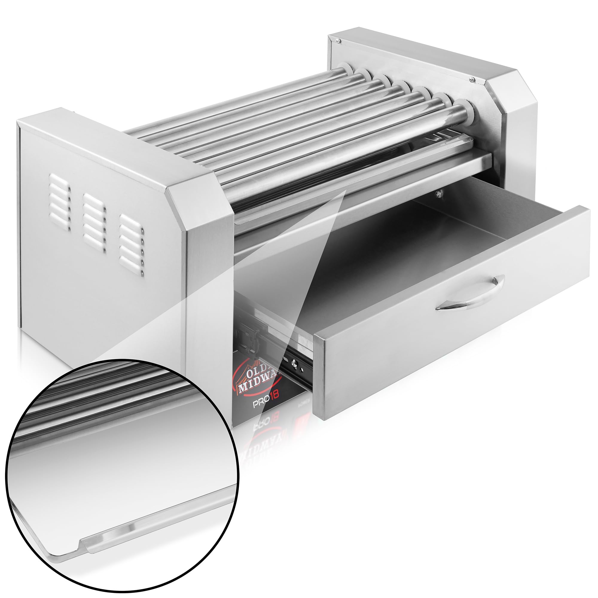 Olde Midway Electric 18 Hot Dog 7 Roller Grill Cooker Machine with Bun Warming Drawer - Commercial Grade Stainless Steel Hot Dog Warmer for Restaurants, Carnivals, and Food Trucks