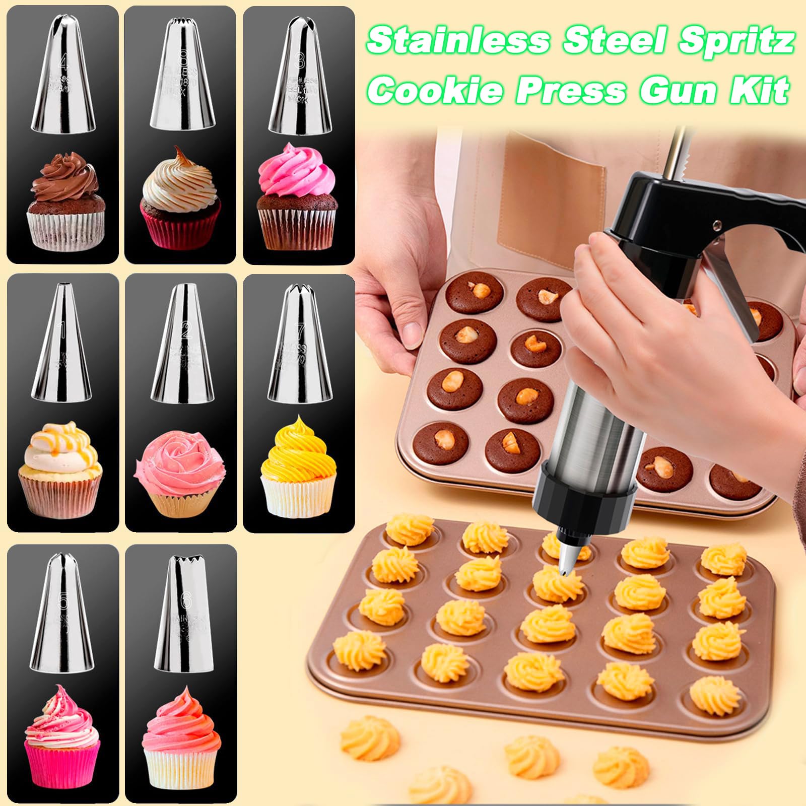 Suuker Stainless Steel Cookie Press Gun Kit - 8 Piping Tips & 13 Cookie Discs for Baking, Cake Decorating, Holiday Cookies, and DIY Dessert Making (Perfect for Christmas, Weddings, and Home Baking)