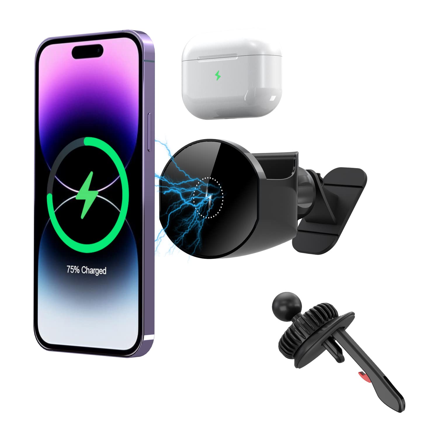 Magnetic Wireless Car Charger Mount for iPhone 14/13/12 Pro/Plus/Max/Mini & AirPods 2nd/3rd Gen - Fast Charging MagSafe Car Phone Holder with Secure Grip for Safe Driving & Hands-Free Use