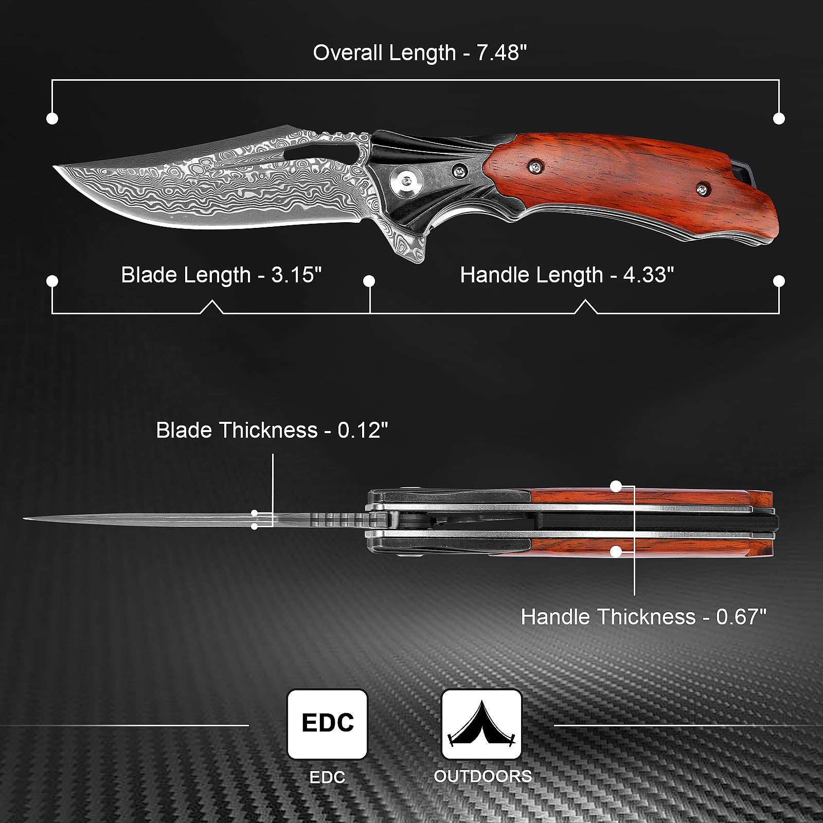 Premium Damascus Steel Folding Pocket Knife with Wood Handle & Sheath - 3.15