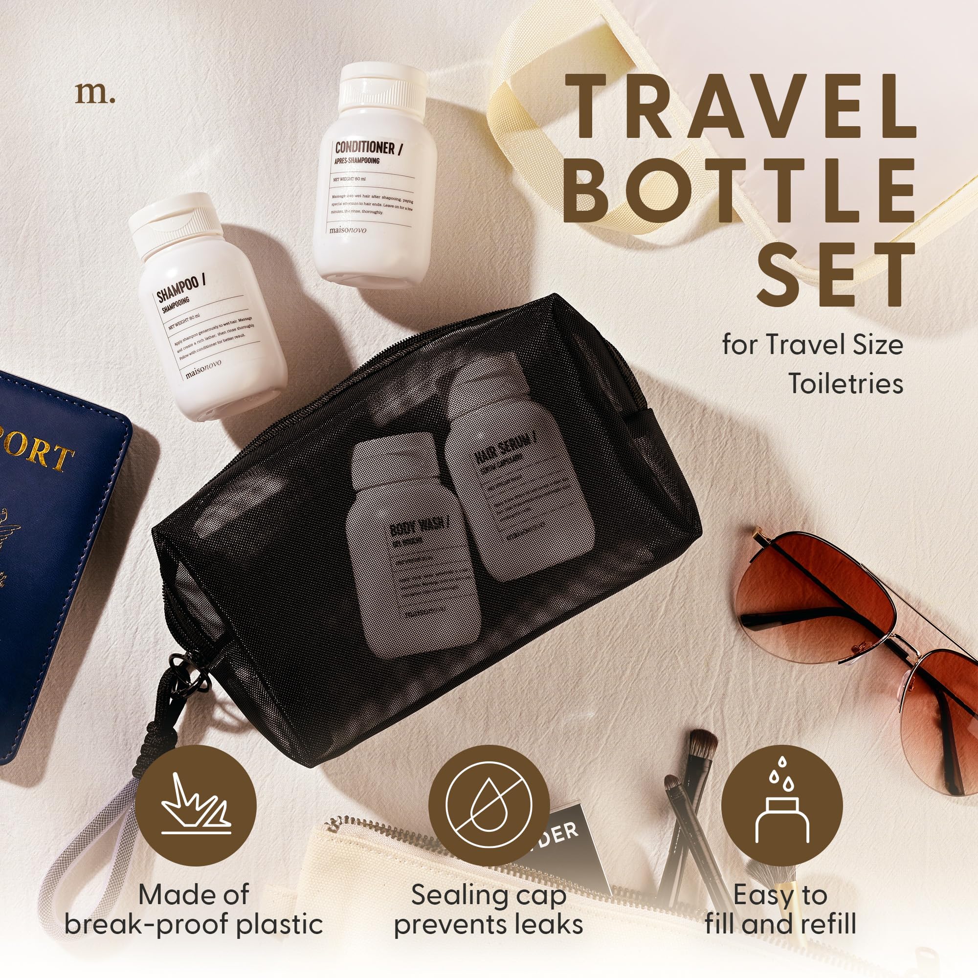 MAISONOVO TSA Approved Leak Proof Travel Bottles for Toiletries - 3oz Refillable Travel Size Containers with Waterproof Toiletry Bag | Perfect for Airplane Carry-on, Gym, Camping & Vacation Essentials