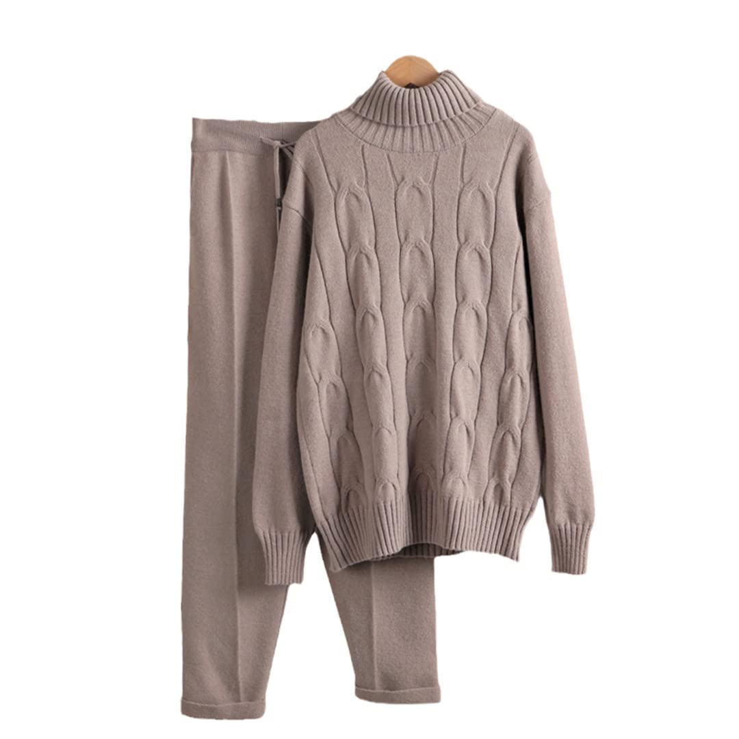 Premium Women's Cashmere Tracksuit Set - Soft Thick Turtleneck Sweater & Drawstring Harem Pants 2-Piece Outfit for Lounge, Travel & Winter Comfort