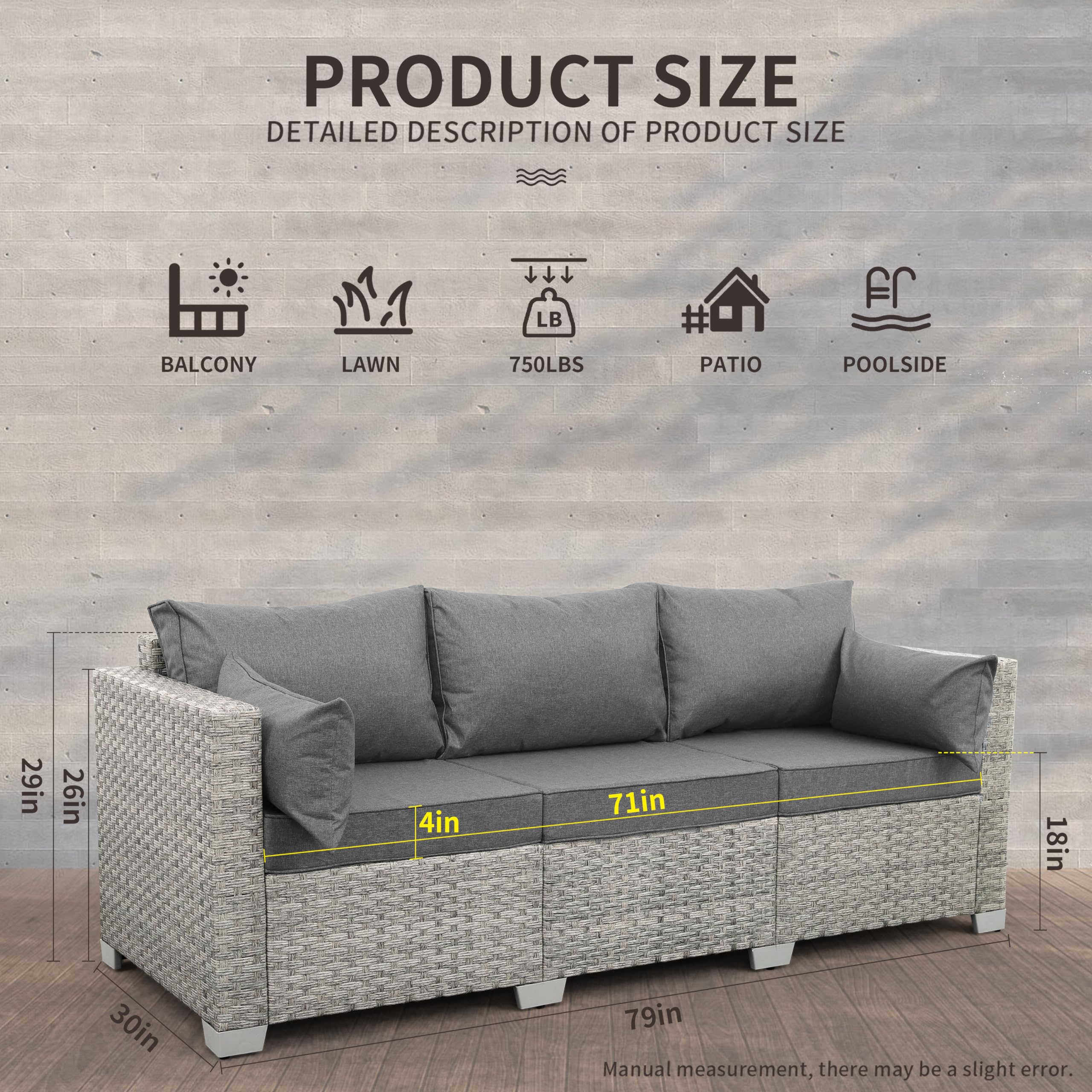 **WAROOM 3-Seater Outdoor Patio Sofa - Grey Wicker Rattan Deep Seat Couch with Cushions for Balcony, Porch, Garden & Backyard Relaxation**