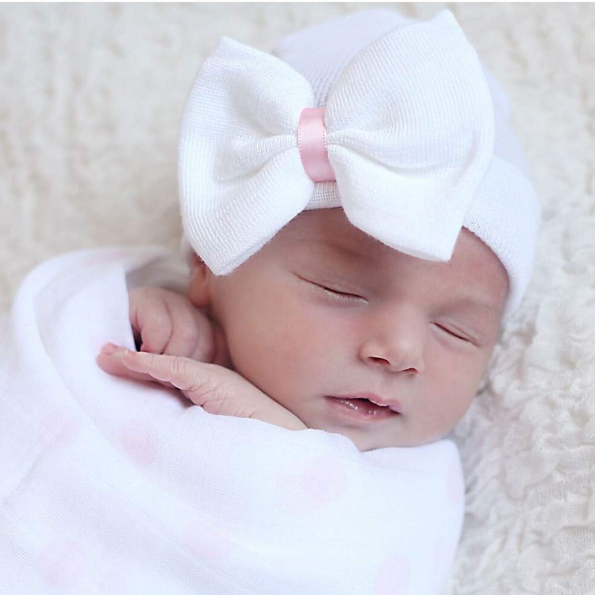 Upsmile Baby Turban Head Wrap for Newborn Girls - Soft Cotton Beanie Hat with Bow for Infants 0-24 Months | Perfect for Photography, Baptism, Birthday Parties & Everyday Wear
