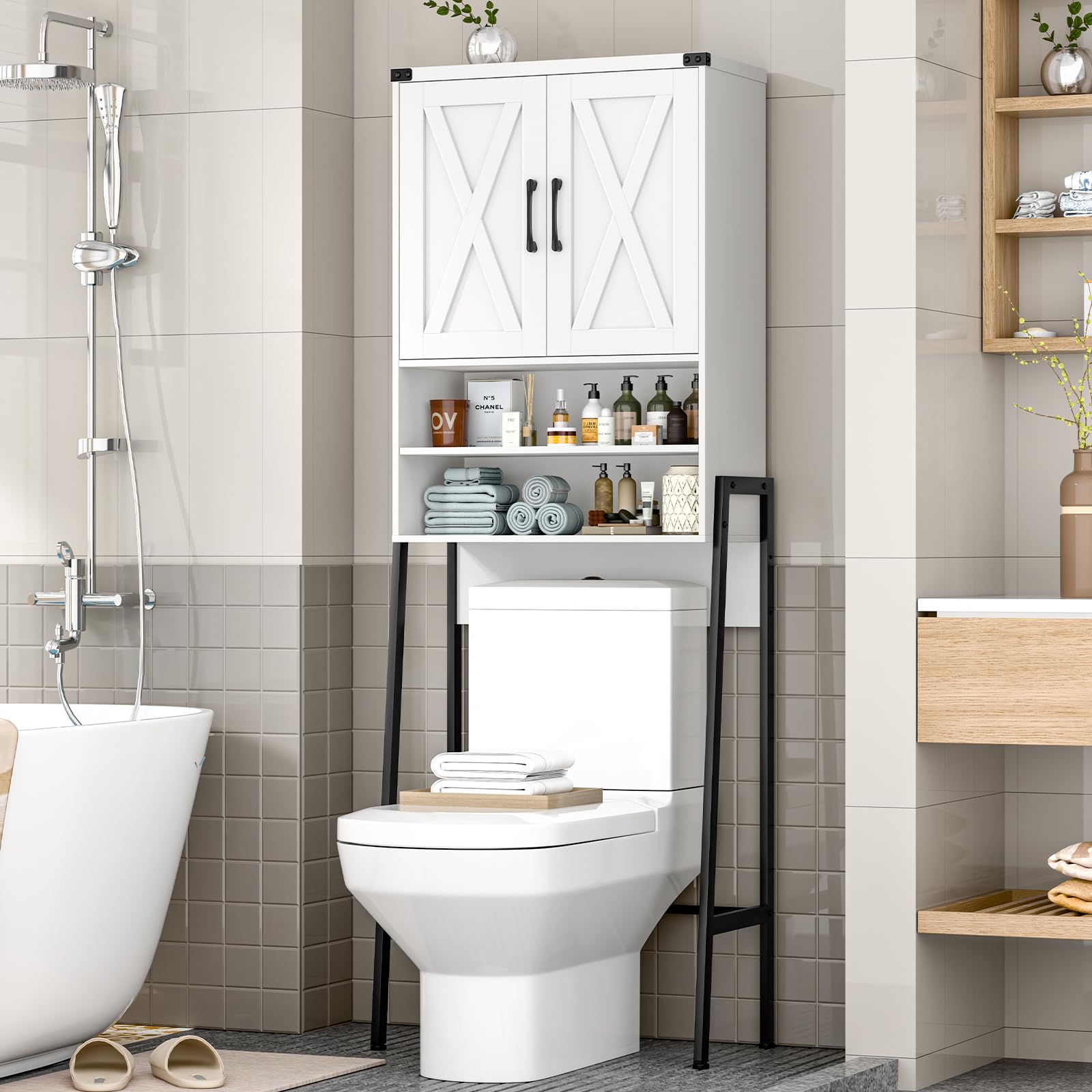 Farmhouse Over The Toilet Storage Cabinet with 2 Barn Doors - Space-Saving Metal Frame Bathroom Organizer for Toiletries, Towels & Laundry Supplies - Perfect for Small Bathrooms, Powder Rooms & Laundry Areas