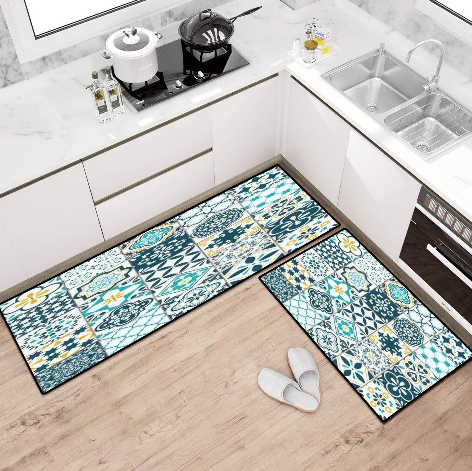 Lisbon Geometric Azulejo Tile Kitchen Rugs Set - Non-Slip Washable Floor Mats for Kitchen, Bathroom & Entryway - Portuguese Spanish Retro Style Decor with Comfort Standing Pad - Perfect for Home, Apartment & Office Decor