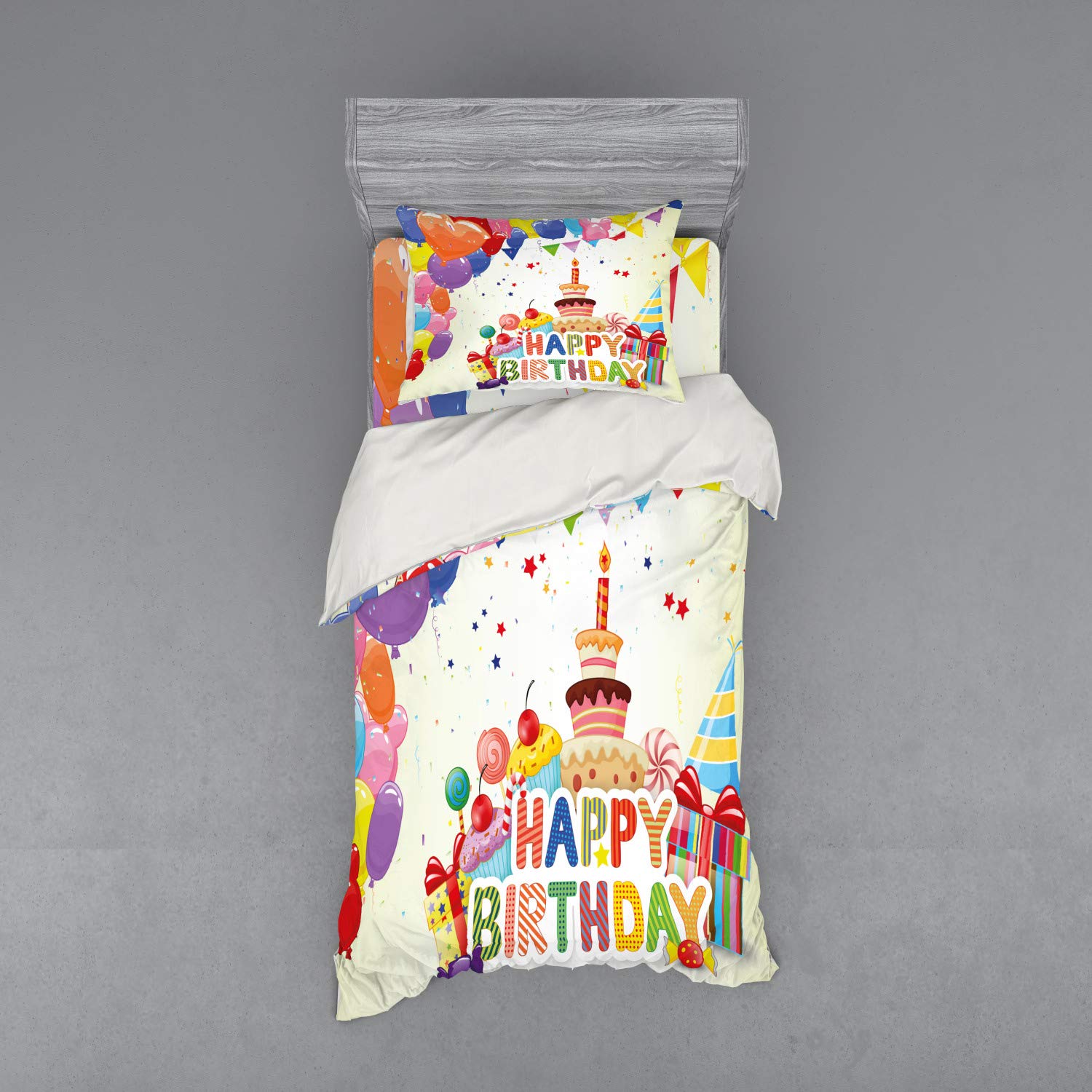 Ambesonne Birthday Bedding Set - 3 Piece Duvet Cover with Sham & Fitted Sheet, Twin XL Size, Heart Balloons Cupcakes Candies Party Hats Design, Vibrant Multicolor - Perfect for Kids Birthday Parties & Themed Bedroom Decor