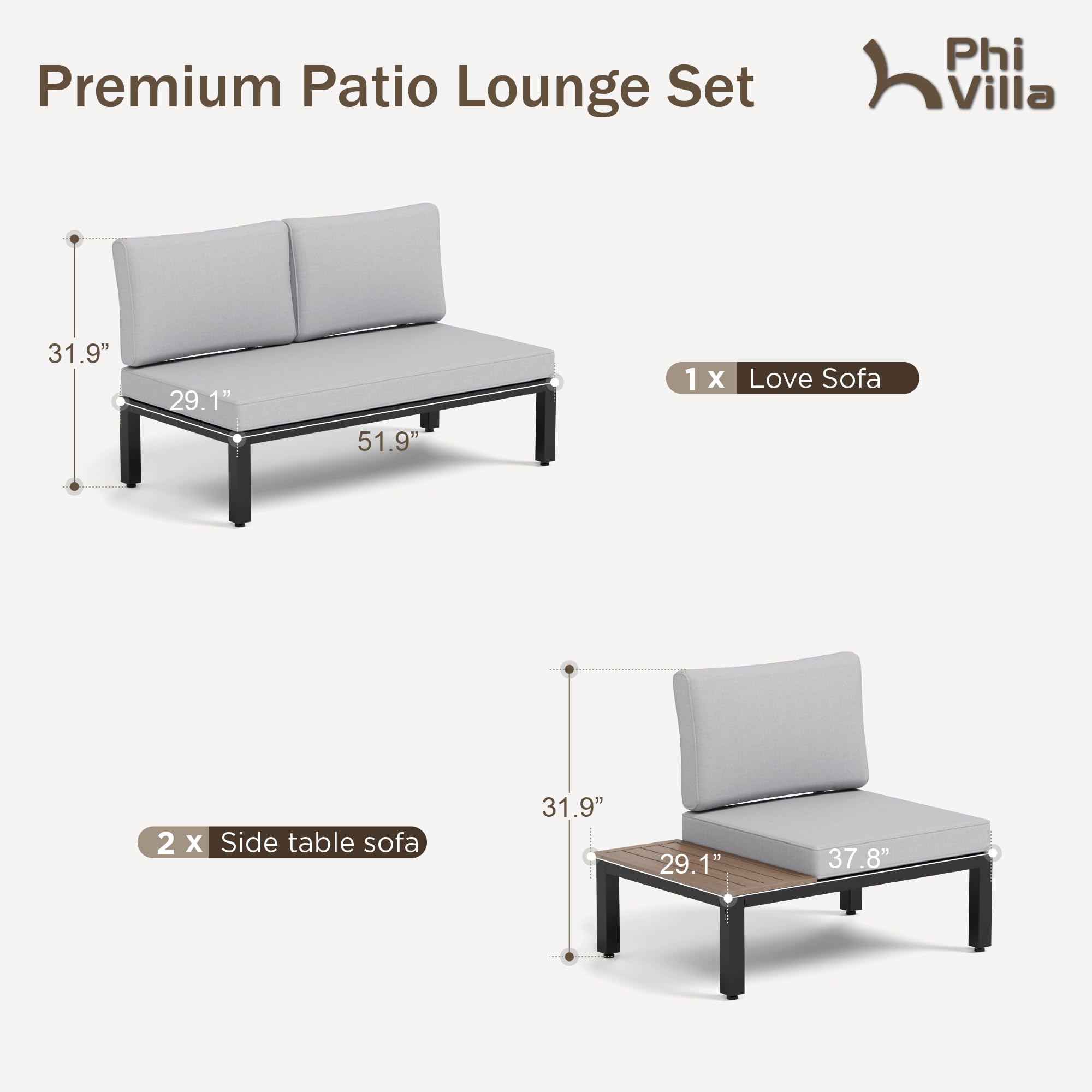 PHI VILLA 3-Piece Metal Patio Furniture Set with Coffee Table & Removable Cushions - Outdoor Modular Sectional Sofa for Backyard, Garden, Poolside & Deck - Light Grey Weather-Resistant Conversation Set