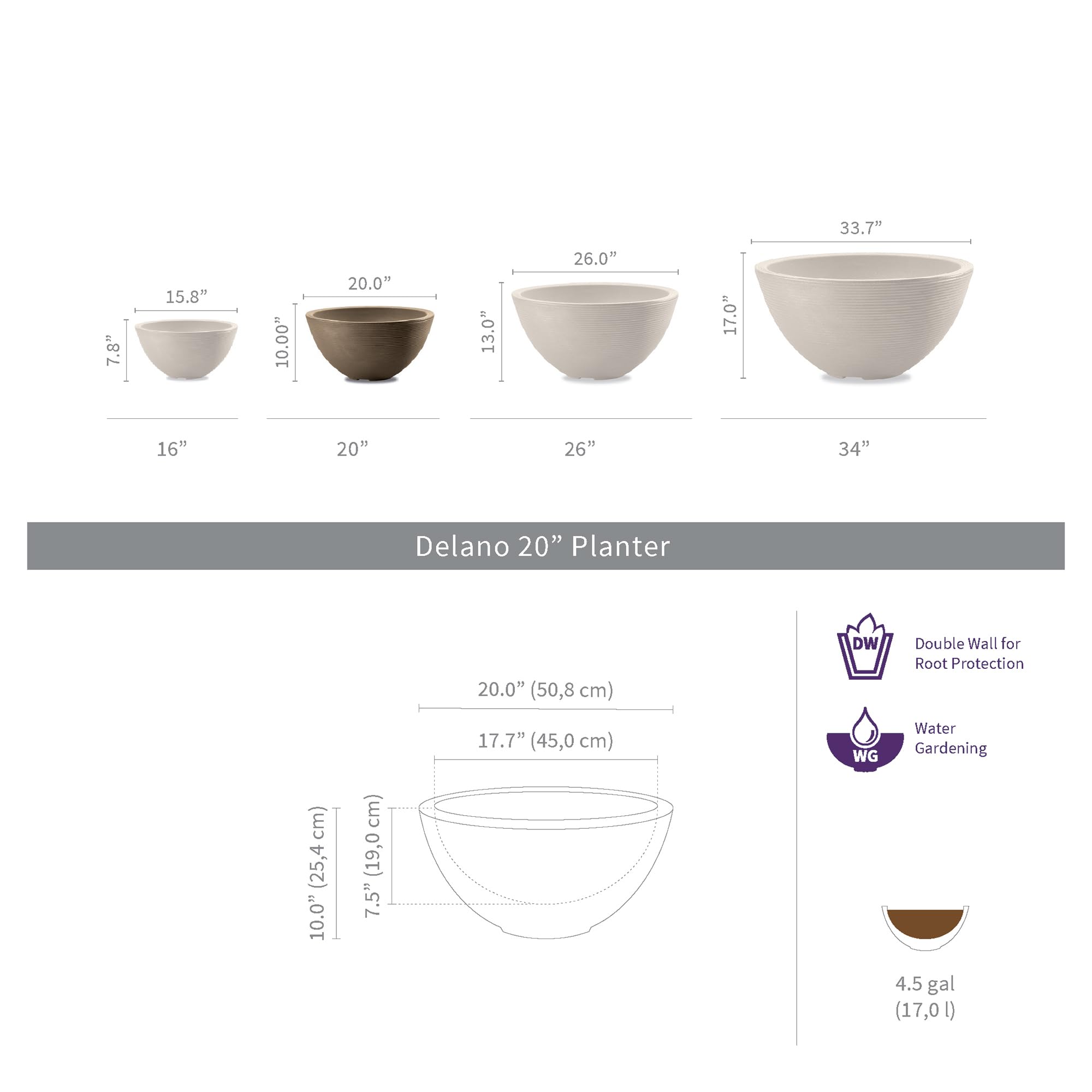 **Delano 20-Inch Double-Walled Planter - Mocha Brown Indoor/Outdoor Flower Pot for Patio, Garden & Home Decor | Crescent Garden**