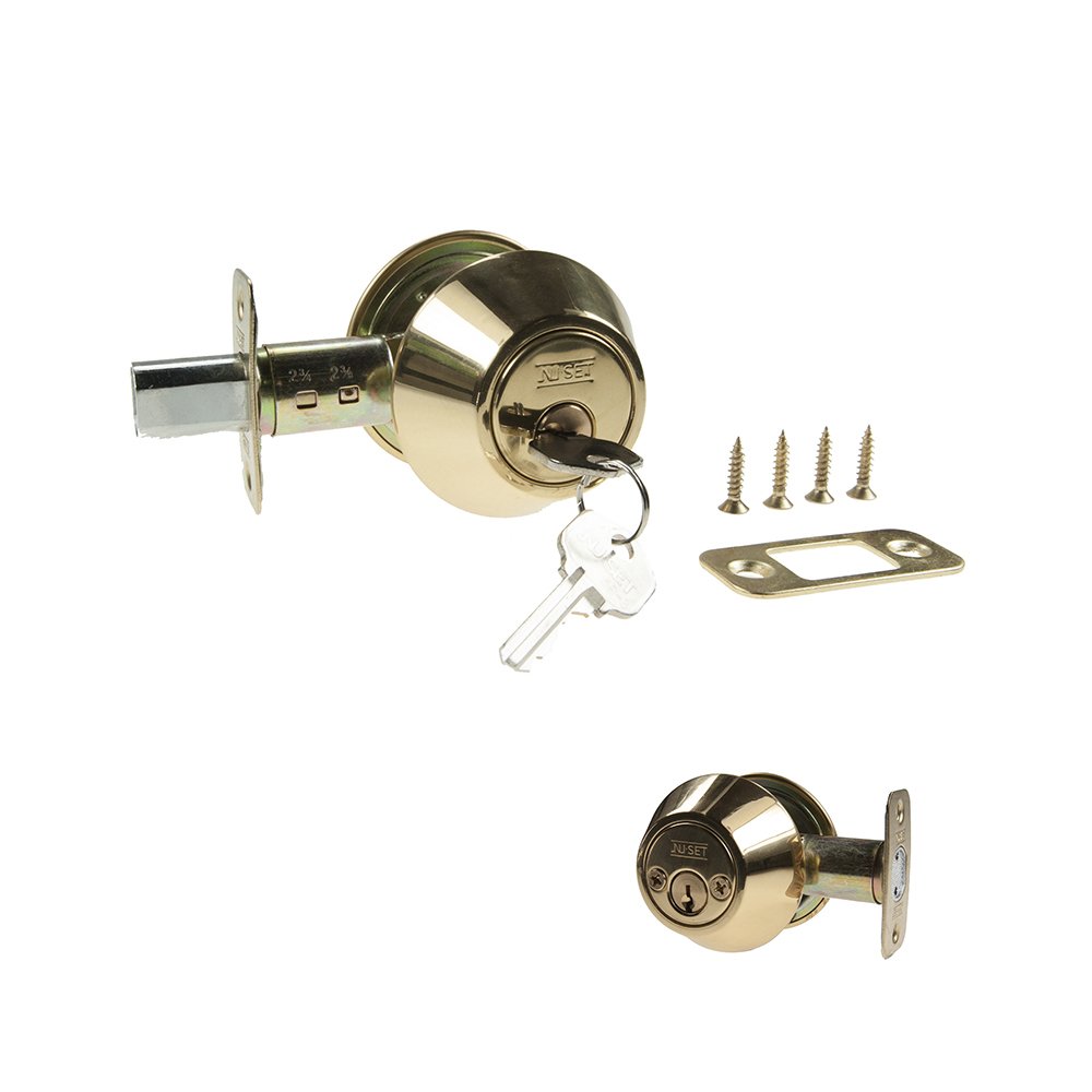 NU-SET Double Cylinder Deadbolt Lock & Door Knob Combo Set - 3 Pack Keyed Alike Brass Door Hardware for Home Security & Improvement - Perfect for Apartments, Rental Homes & Office Doors