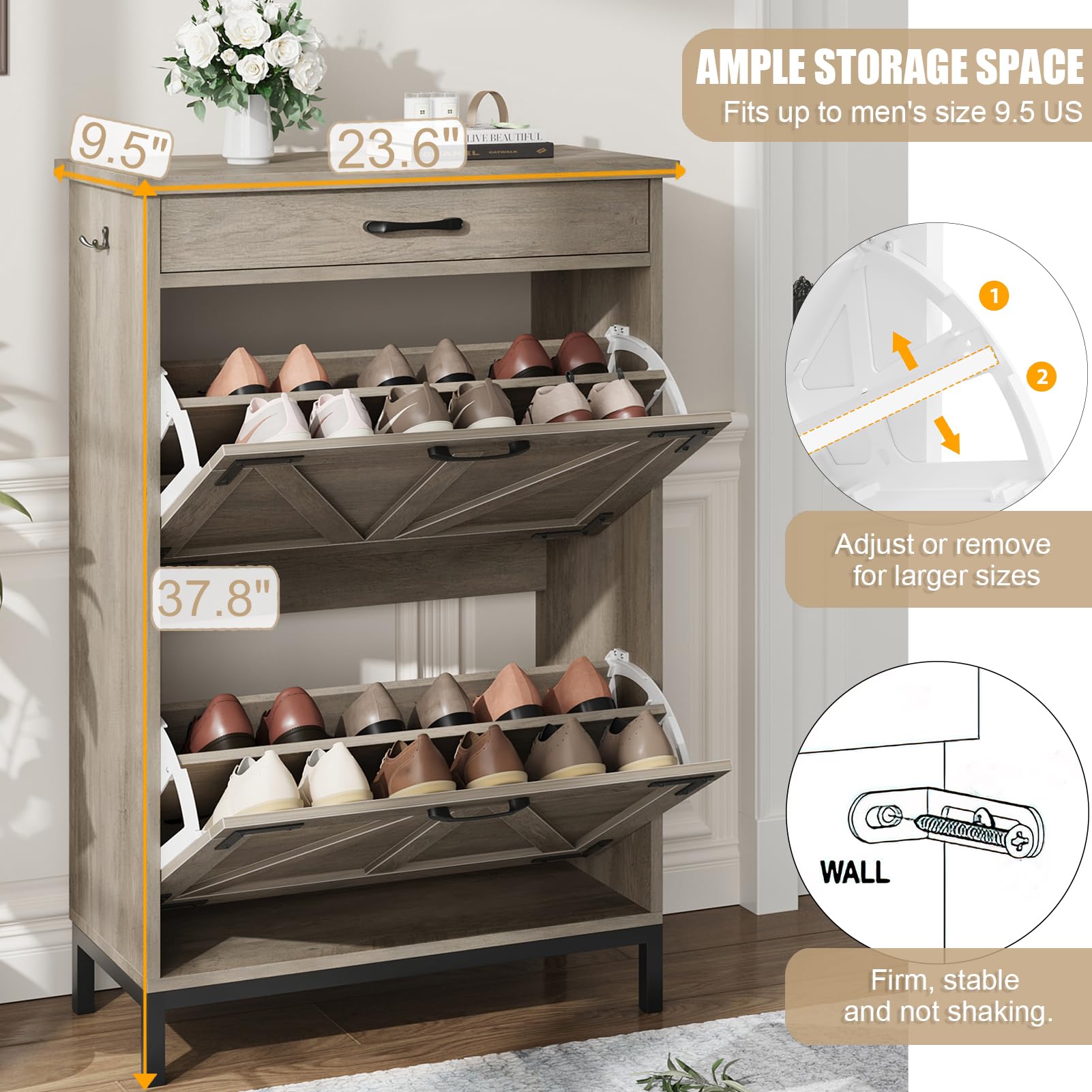 Farmhouse Narrow Shoe Cabinet with 2 Flip Drawers - Free Standing Hidden Shoe Storage Organizer for Entryway, Foyer, Hallway - Space Saving Grey Shoe Rack | Perfect for Small Apartments, Closet Organization & Mudroom Storage