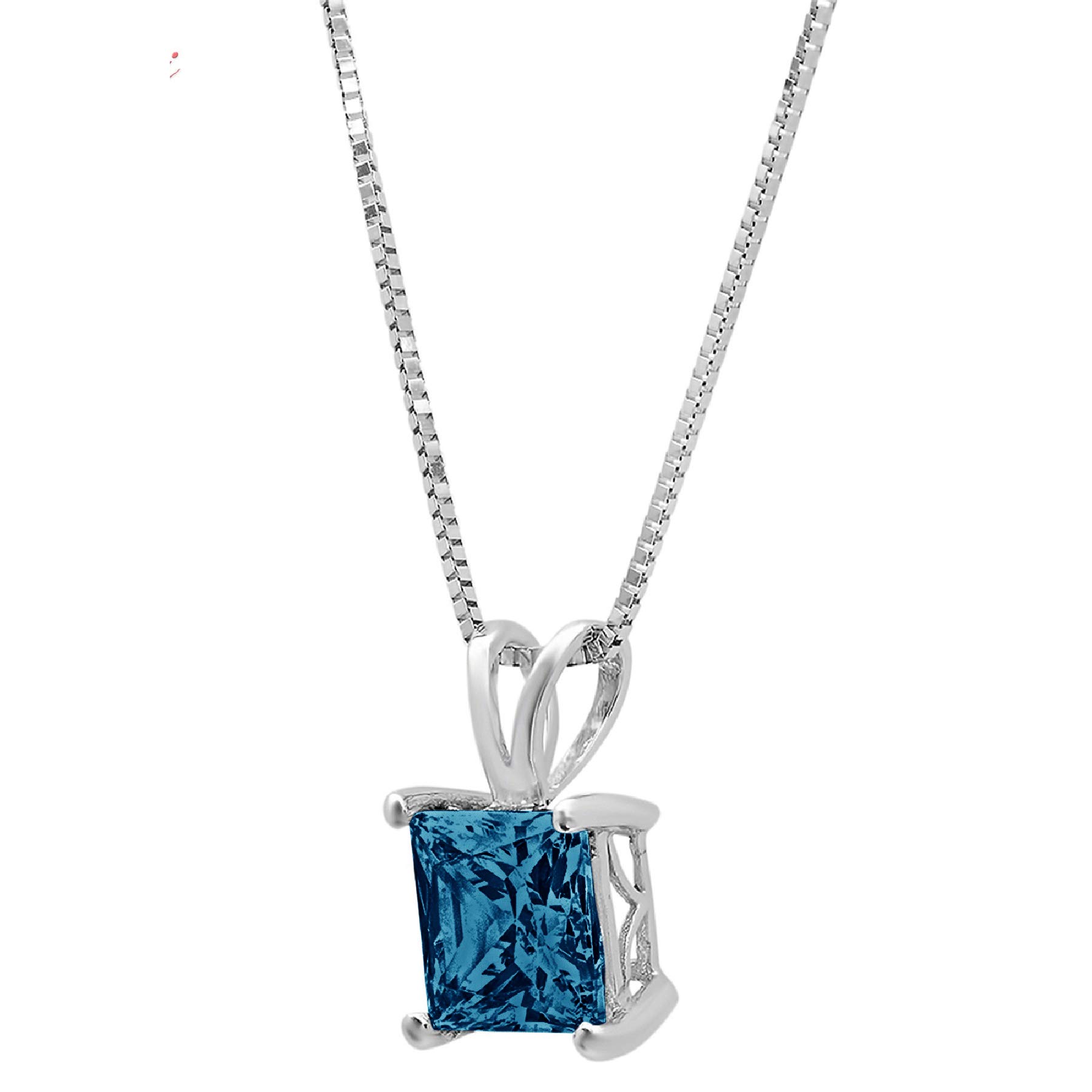 0.50ct Princess Cut Natural London Blue Topaz Solitaire Pendant Necklace - 14K White Gold with 18
