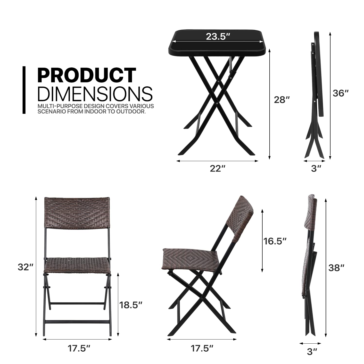 MoNiBloom 3-Piece Outdoor Bistro Set - 2 Foldable Rattan Chairs & Round Glass Top Table - Patio, Garden, Backyard Furniture for Relaxing & Dining Al Fresco