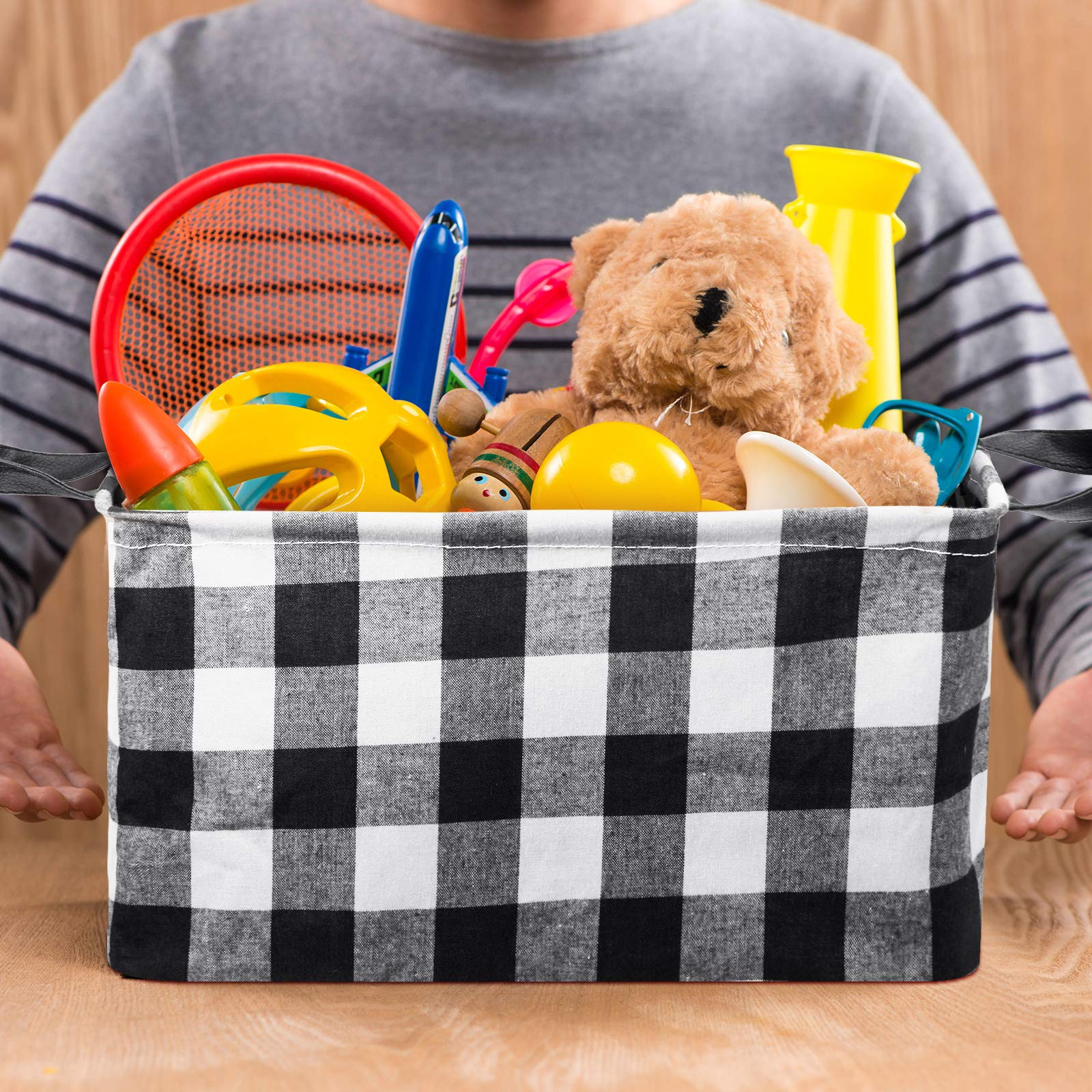 6-Piece Buffalo Plaid Storage Baskets Set - Collapsible Square Organizer with Handles for Home, Office & Nursery Organization (Black/White Checkered Pattern) - Perfect for Toy Storage, Blanket Baskets & Closet Organization