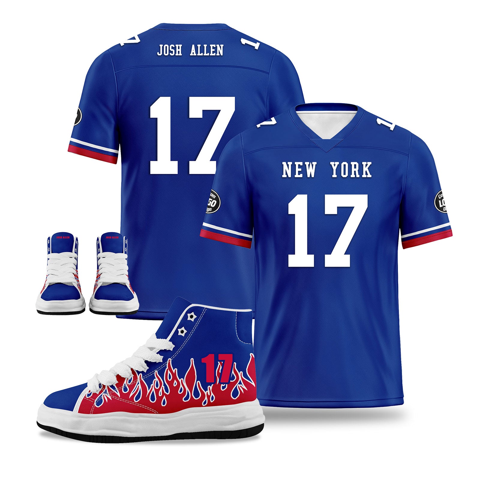 Custom Buffalo Football Jersey & Firesoul Sports Shoes Combo - Personalized Blue White Red Team Uniform & Athletic Sneakers Set for Football Fans, Players, and Sports Enthusiasts - Perfect for Game Day, Training, and Fan Gear