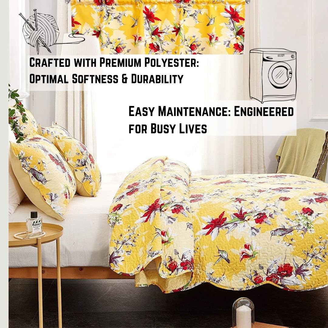 DaDa Bedding Queen Size 3-Piece Floral Bedspread Set - Vibrant Sunshine Yellow with Hummingbirds & Red Flowers, Scalloped Edge Quilted Coverlet - Farmhouse & Garden Style for Bedroom Decor - Perfect for Spring & Summer Home Styling