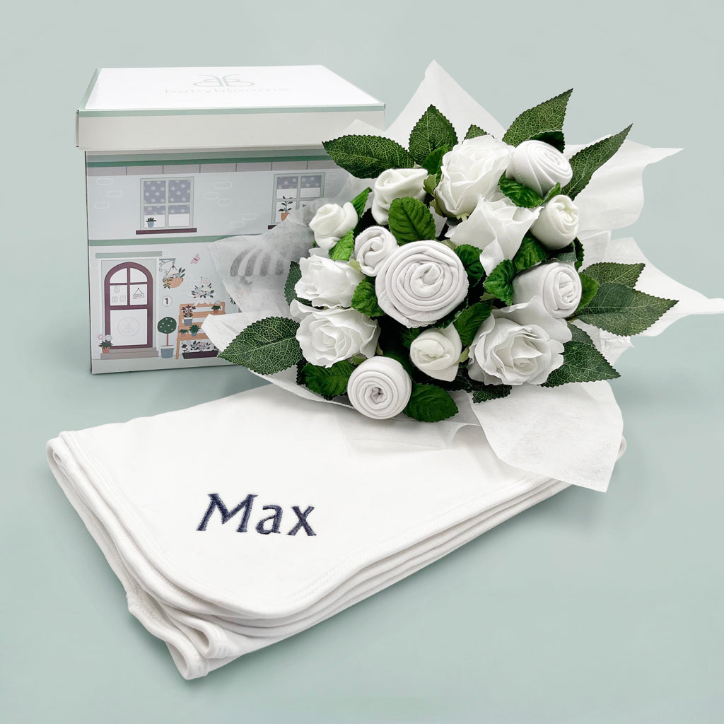 Personalized Hand-Tied Baby Clothes Bouquet with Soft Snuggle Wrap - Perfect for Newborn Gifts, Baby Showers & Gender Reveal Parties