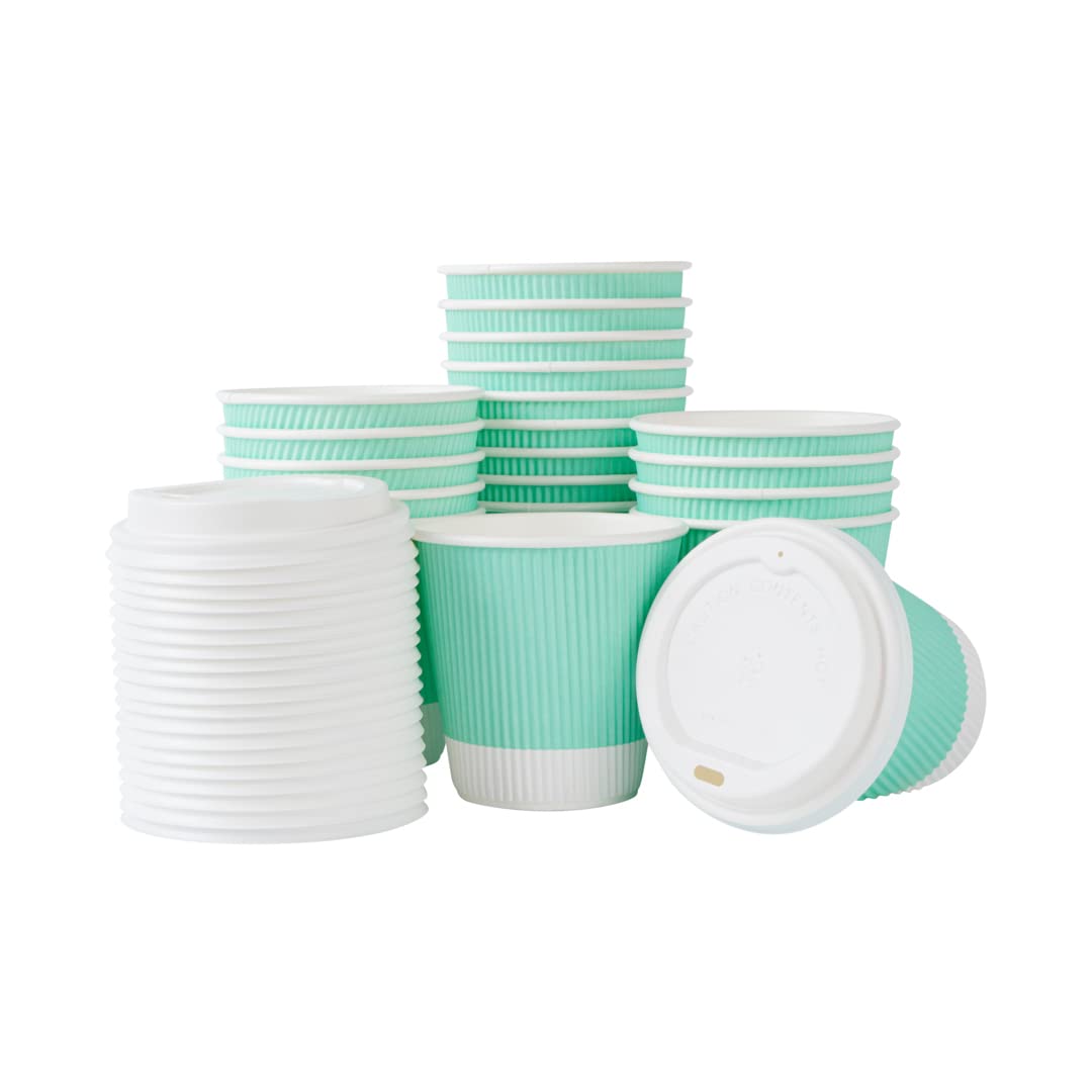 8oz Insulated Coffee Cups with Lids - 400 Pack Leakproof Ripple Wall Hot Cups | Eco-Friendly Disposable Paper Cups for Coffee, Tea, Hot Cocoa & Lattes | Perfect for Cafes, Offices & Home Use