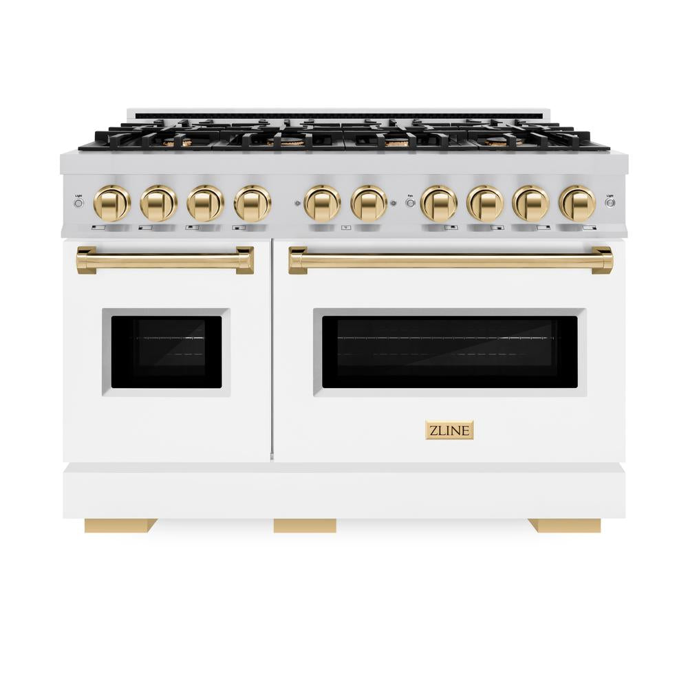 ZLINE Autograph Edition 48-inch 6.7 cu. ft. Classic Double Oven Dual Fuel Range with 8-Burner Gas Cooktop - Stainless Steel with White Matte Doors & Polished Gold Accents (CDRZ WM 48 G) - Perfect for Professional Kitchens & Luxury Home Cooking