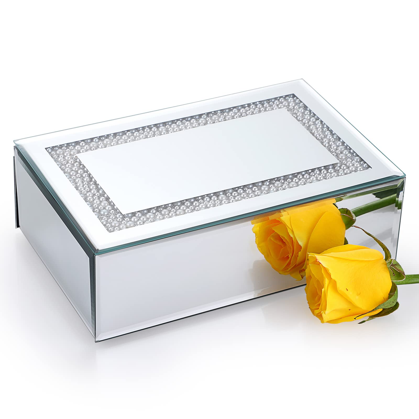 Luxury Glass Jewelry Box with Pearls Decor & Mirror - Elegant Trinket Organizer for Rings, Earrings, Necklace, Bracelet Storage - Perfect Gift for Women & Girls - Ideal for Vanity, Dresser, Travel & Wedding Jewelry Display