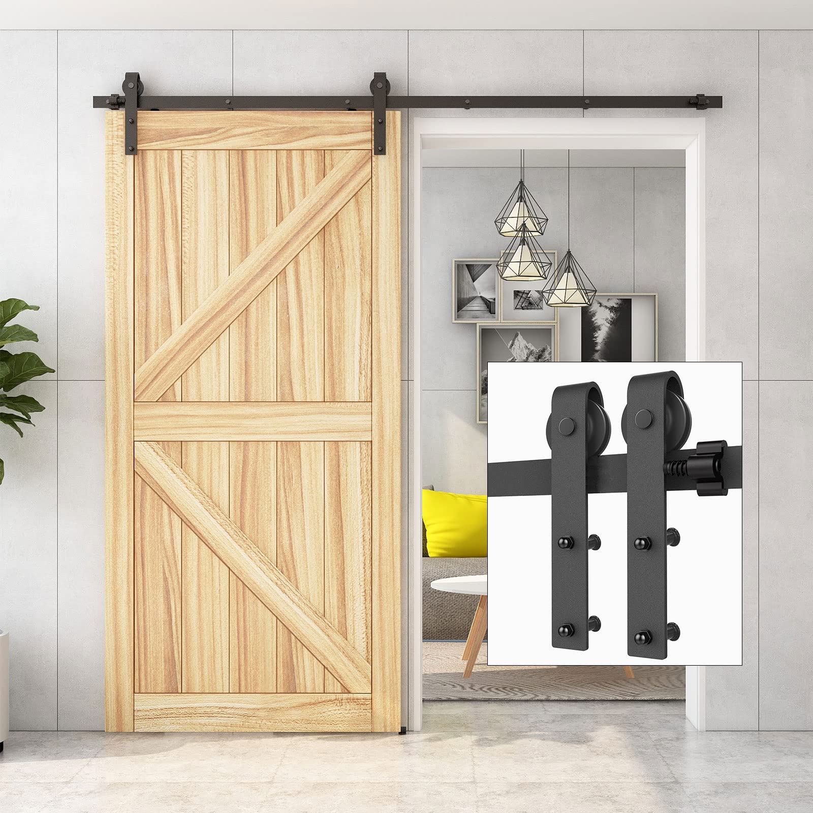 TSMST 7FT Single Sliding Barn Door Hardware Track Kit with Floor Guide & Spring Damping Stopper - Smooth Quiet Operation for Doors Up to 42