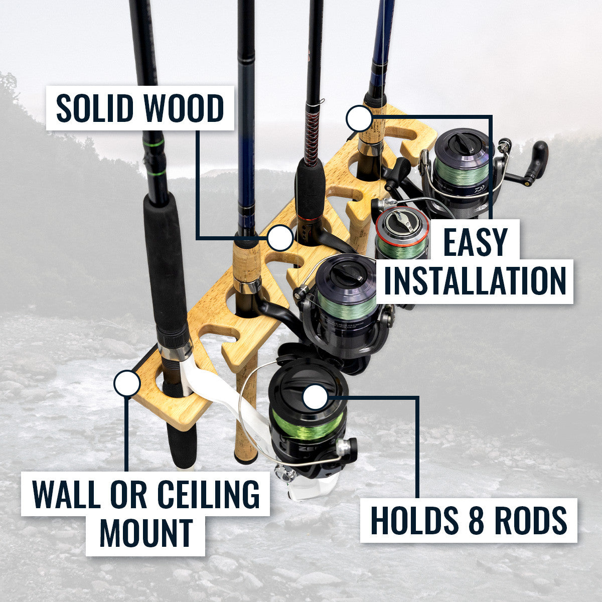 Best Fishing Rod Holder for Stillwater - Heavy Duty 8 Rod Storage Rack | Secure & Space-Saving Tackle Organizer for Garage, Boat, or Cabin | Perfect for Anglers & Fishing Enthusiasts