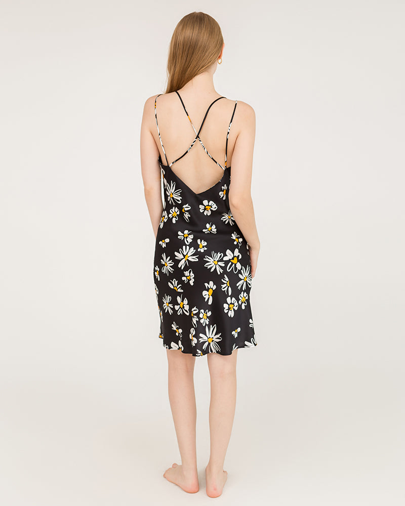 Elegant Daisy Print Cross Back 100% Silk Midi Dress Nightgown - Perfect for Summer Evenings, Bridal Shower & Romantic Getaways