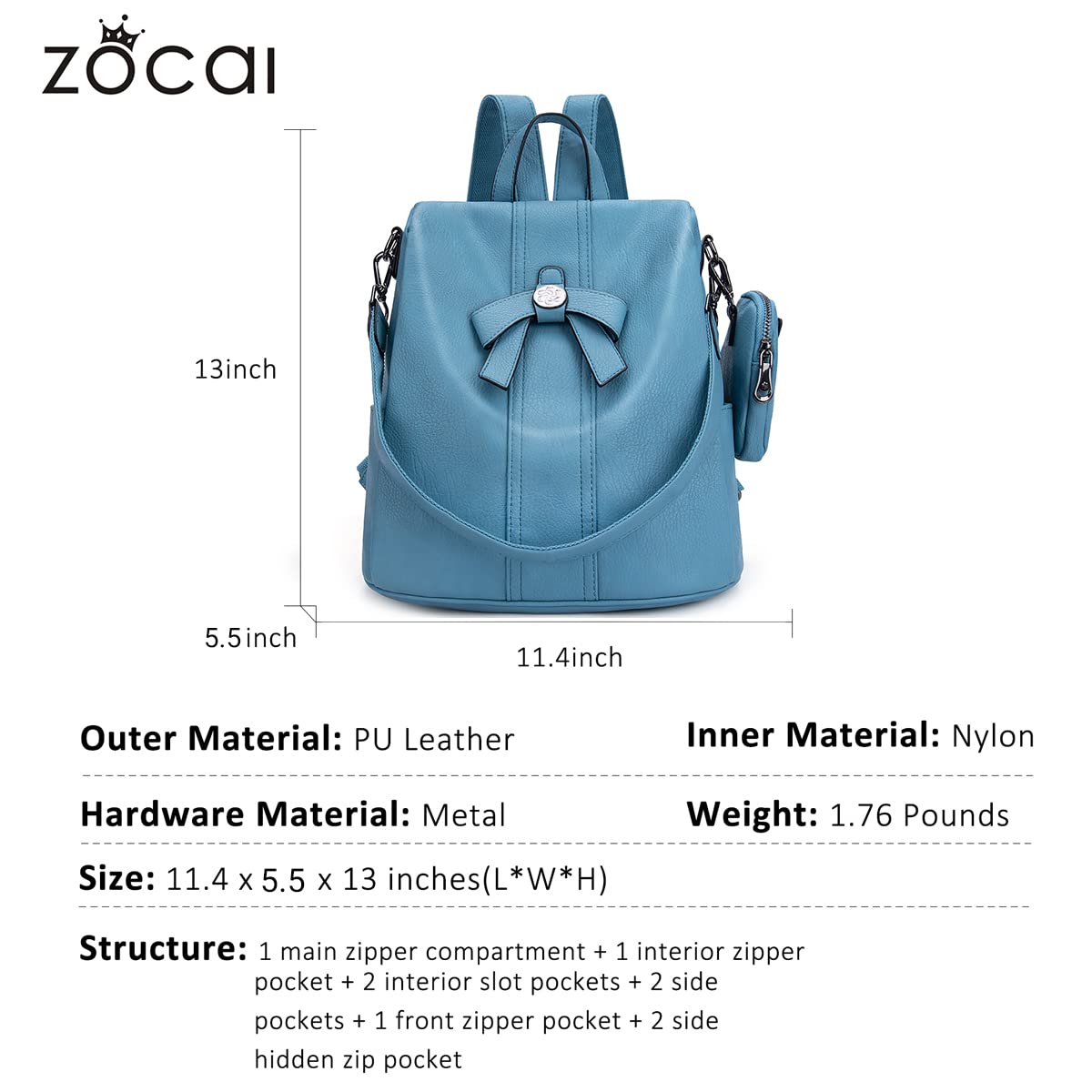 ZOCAI Women's Fashion Backpack Purse - PU Leather Anti-Theft Shoulder Bag Satchel Daypack for Work, Travel & Daily Use