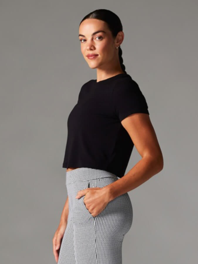 Tavi Ribbed Women's Tee Top - Soft Stretch Short Sleeve T-Shirt for Women in Ebony Black | Casual Wear, Layering & Everyday Outfits