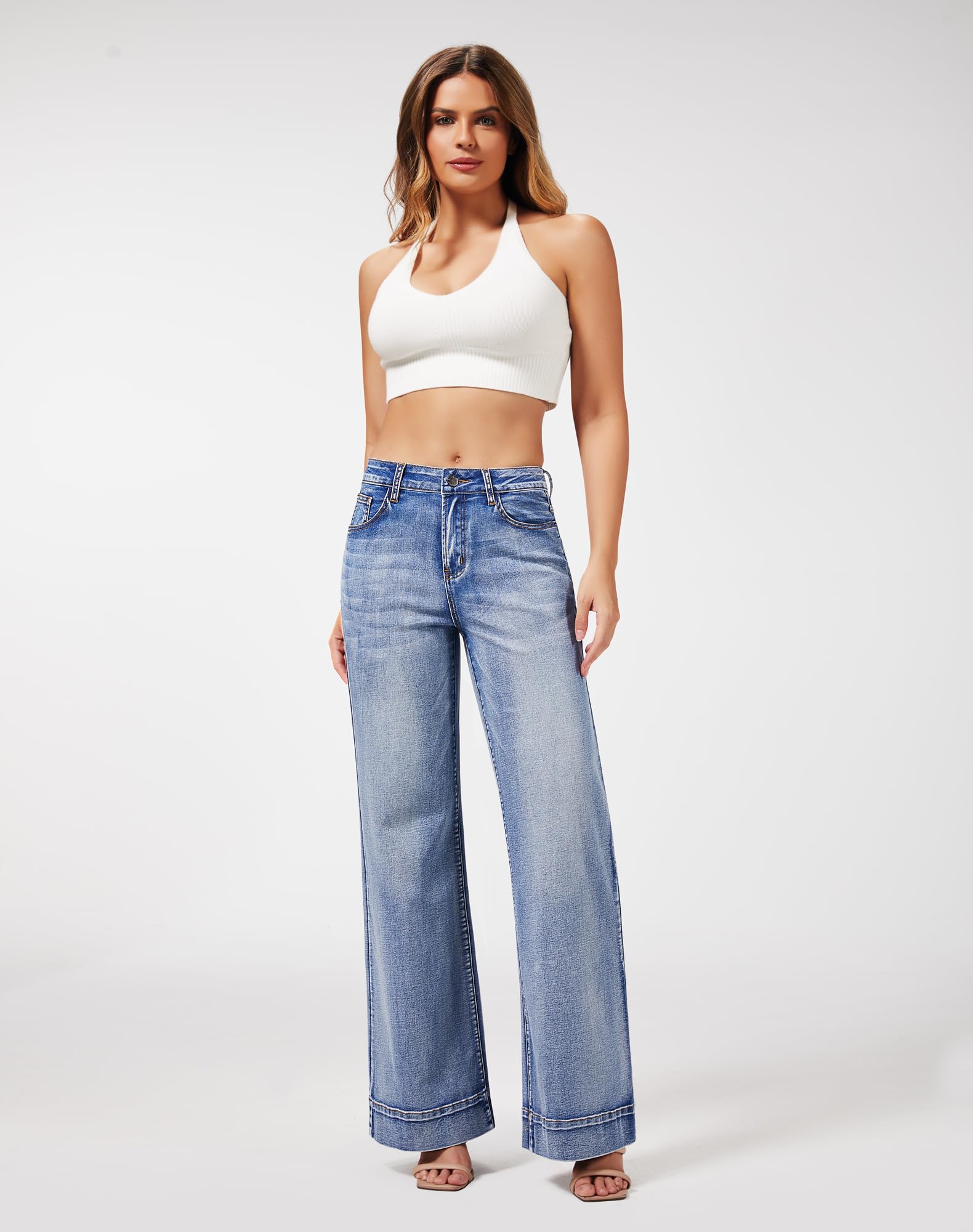 Roswear Women's Wide Leg Jeans - High Waisted Stretchy Baggy Loose Long Pants for Casual Wear, Street Style & Everyday Comfort