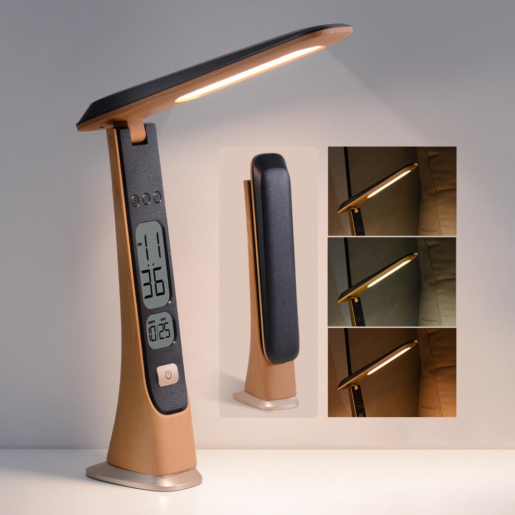 Rechargeable Cordless Table Lamp - Foldable Portable LED Desk Light with Stepless Brightness & Time Display | Battery Operated Office Lamp, Reading Light, College Dorm Essential for Study, Bedside & Night Use
