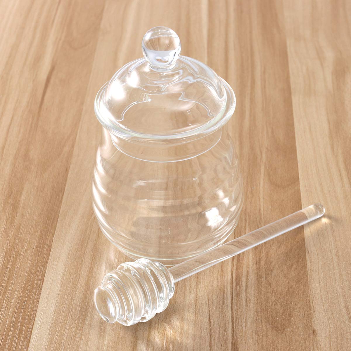 Premium Glass Honey Jar with Wooden Lid & Dipper – Clear Honey Pot for Bee Honey, Syrup, Jam – Airtight Dispenser Container for Kitchen, Pantry, Coffee & Tea Station