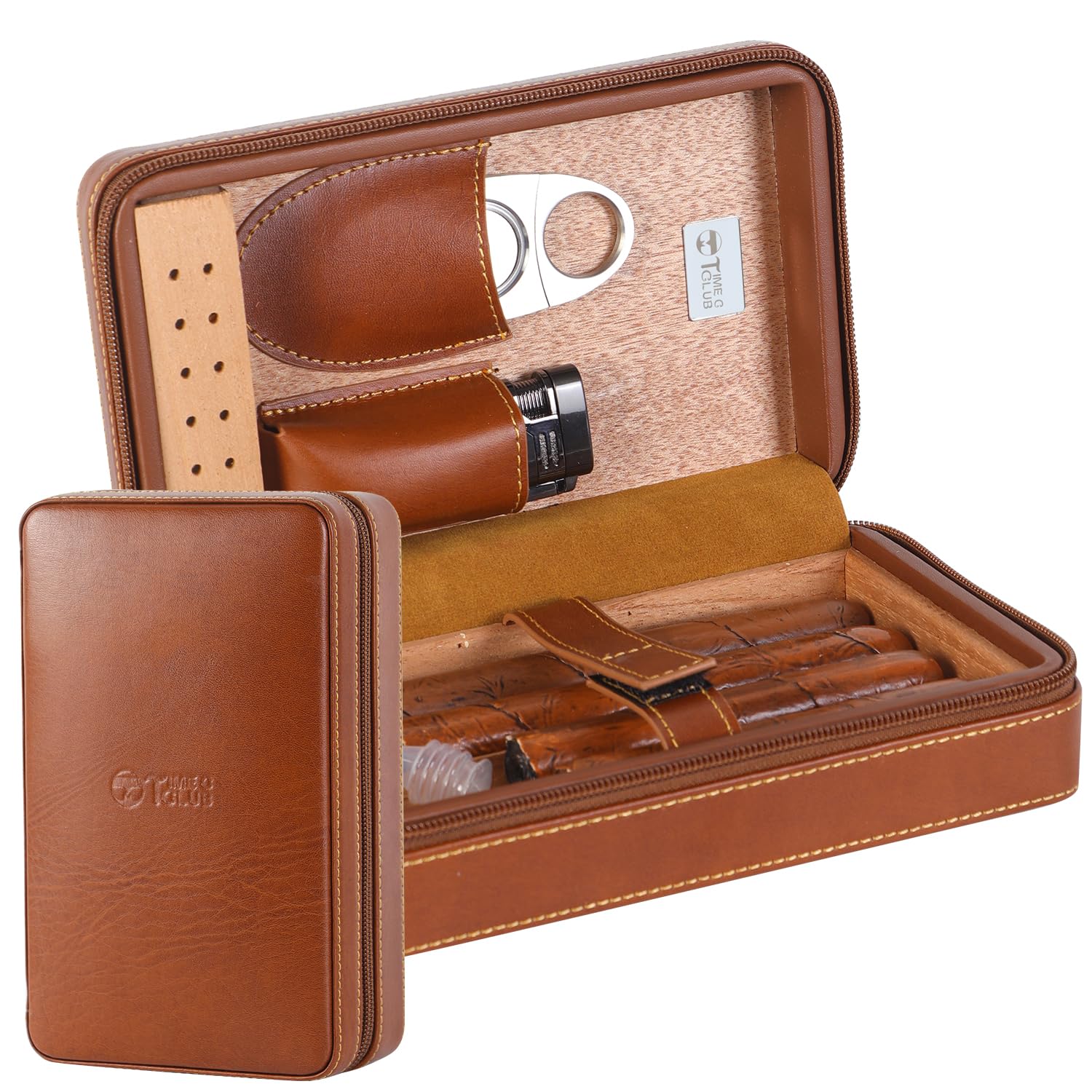 Premium 4-Finger Leather Travel Cigar Case Set with Cutter, Humidor, Lighter & Humidifier - Perfect Groomsmen Gift & Birthday Present for Cigar Lovers (Ideal for Travel, Weddings & Special Occasions)