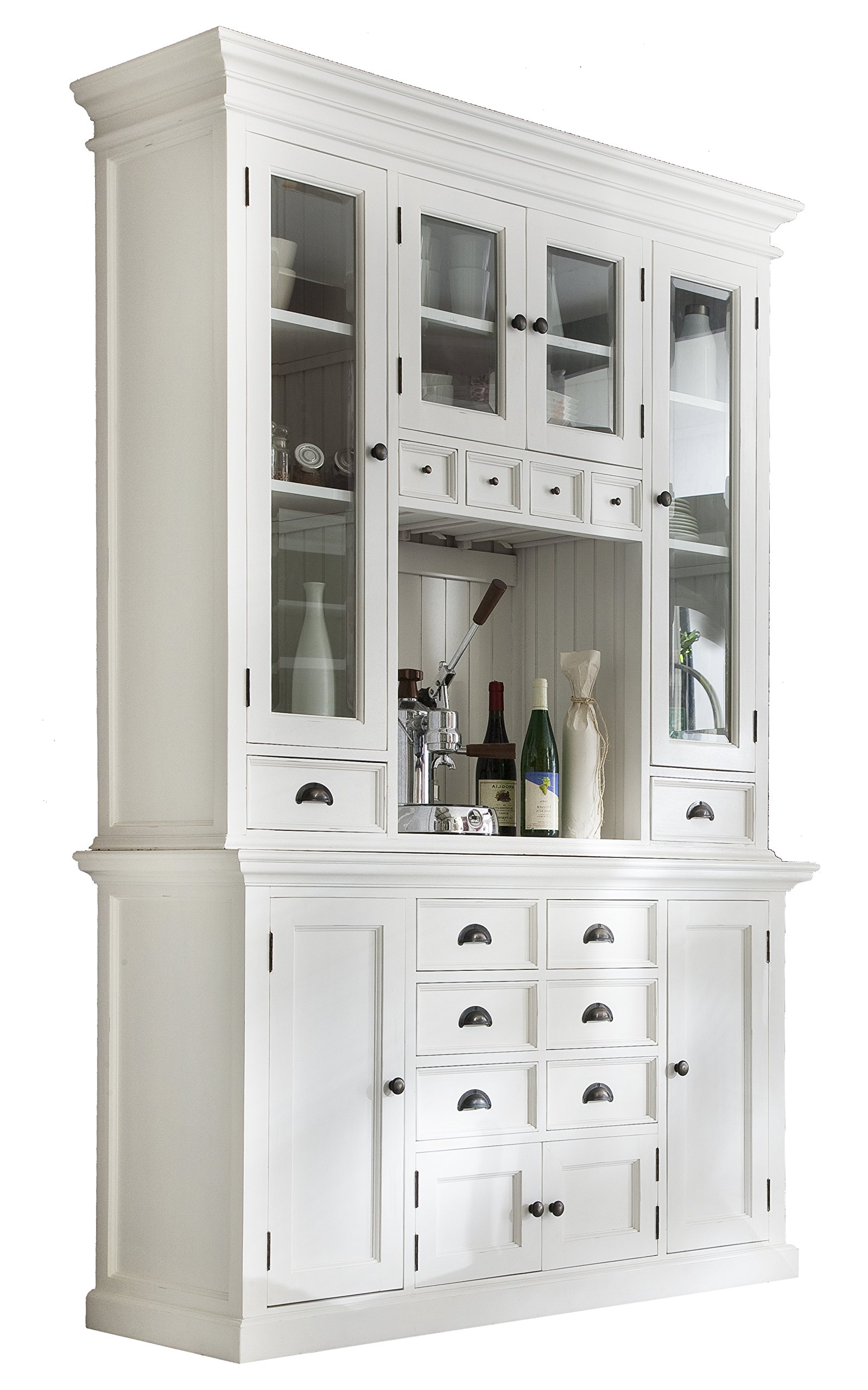 NovaSolo White Mahogany Hutch Cabinet with Glass Doors & 12 Drawers - Perfect for Dining Room Storage