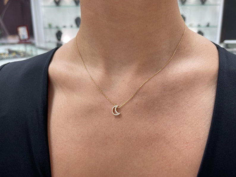 0.20tcw Natural Diamond Moon Crescent Pendant Necklace in 14K Gold - Elegant Cable Chain for Women's Everyday Wear & Special Occasions