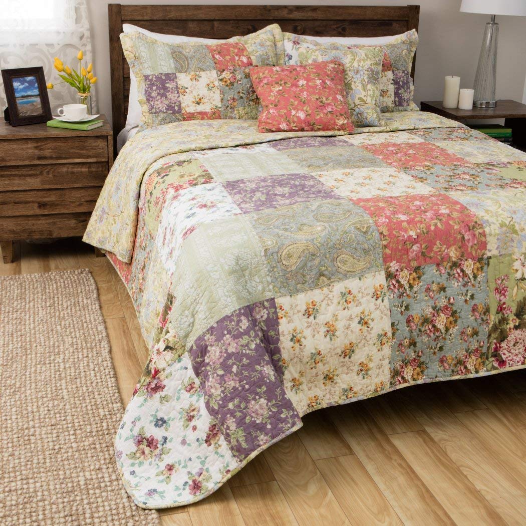 Blooming Prairie King Size 3-Piece Quilt Set - Multi/Jacobean Pattern - Soft Bedding Comforter Cover for Cozy Bedroom Decor