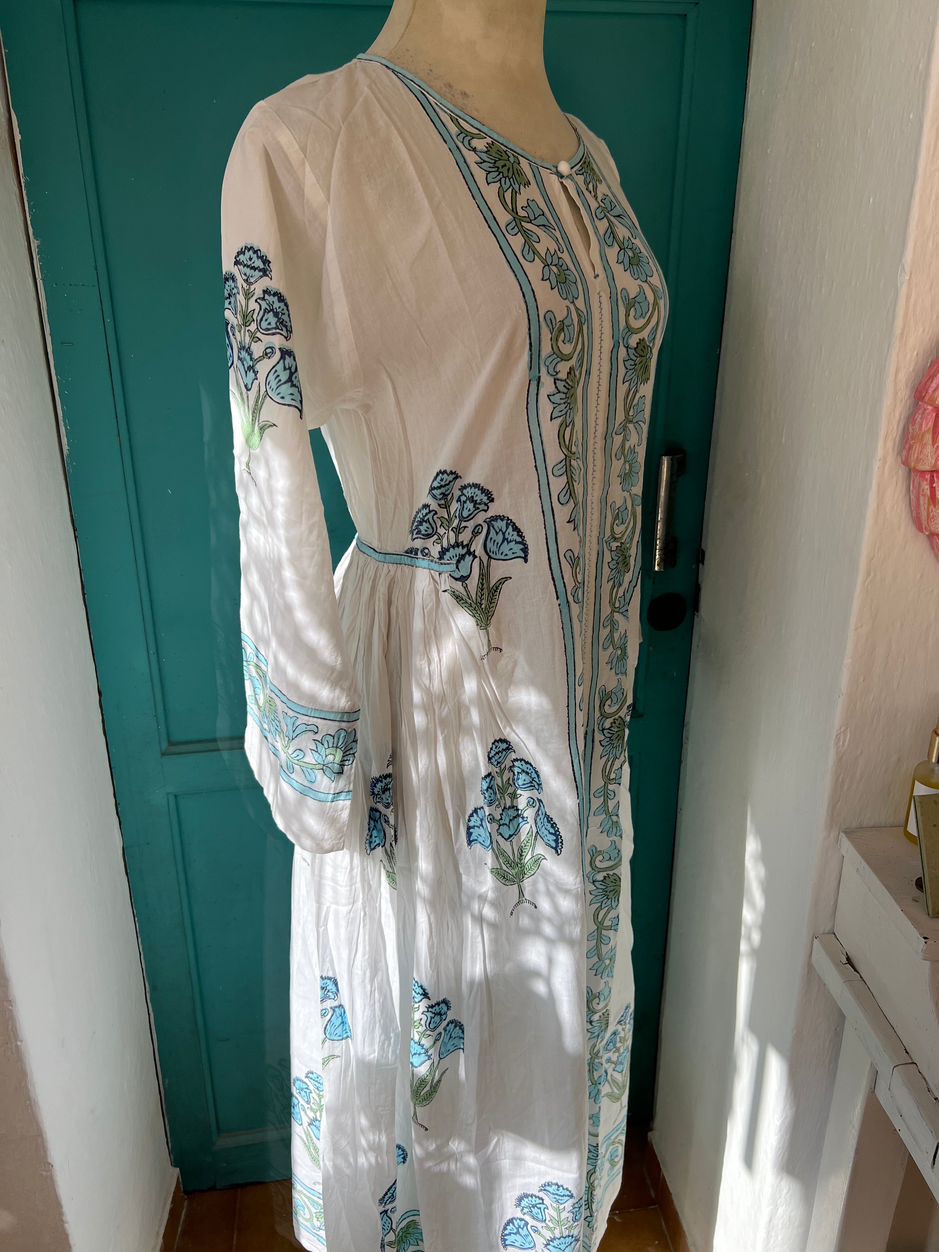 Exquisite Mughal Style Turquoise Block Print Dress – Elegant Ethnic Wear for Festivals, Weddings & Cultural Events