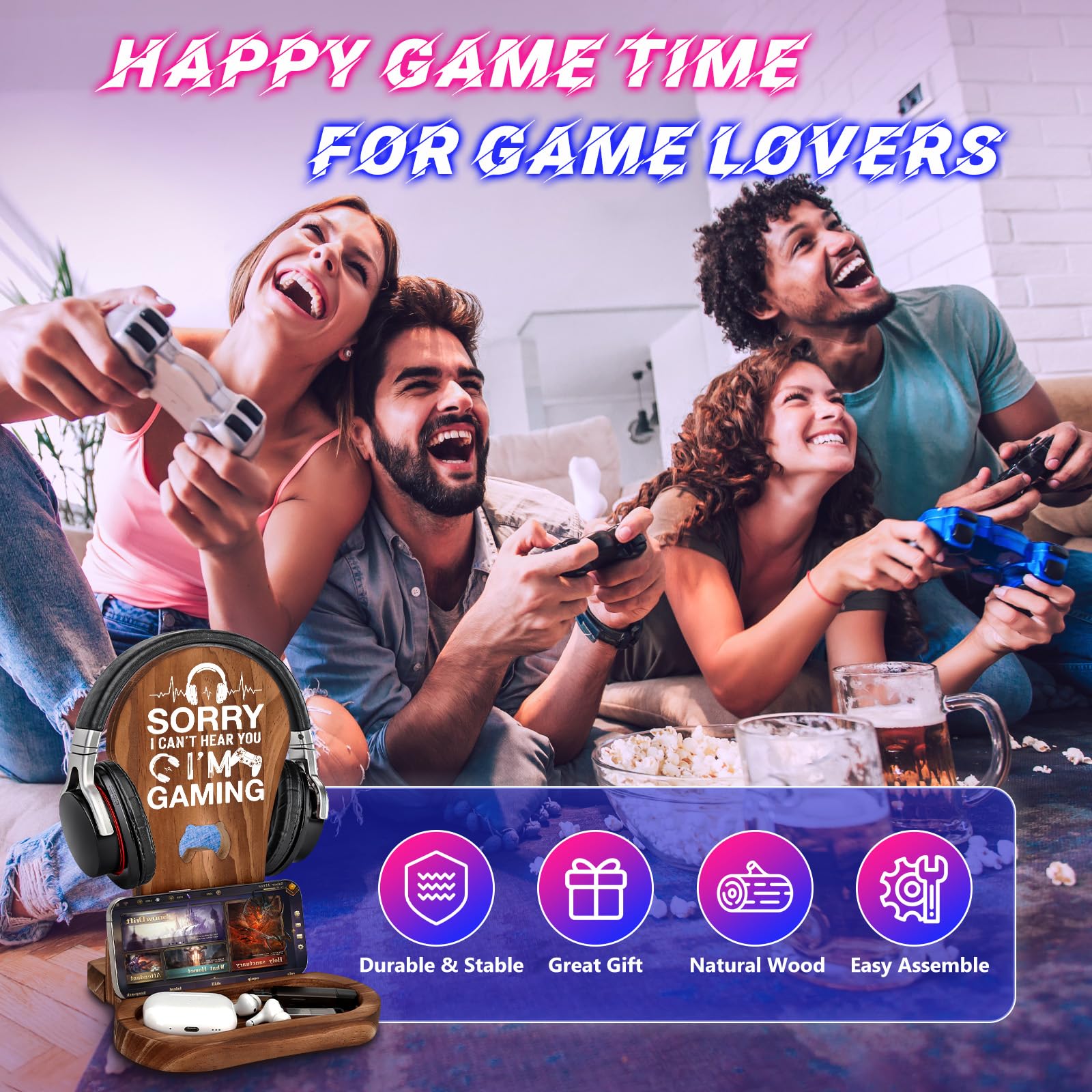 Premium Wooden Gaming Headset Stand - Perfect Gamer Gift for Teen Boys, Men, Boyfriends & Husbands - Gaming Room Decor & Headphone Holder - Ideal for PC, PS5, Xbox Setup - 'Sorry I Can't Hear You I'm Gaming' Funny Gift