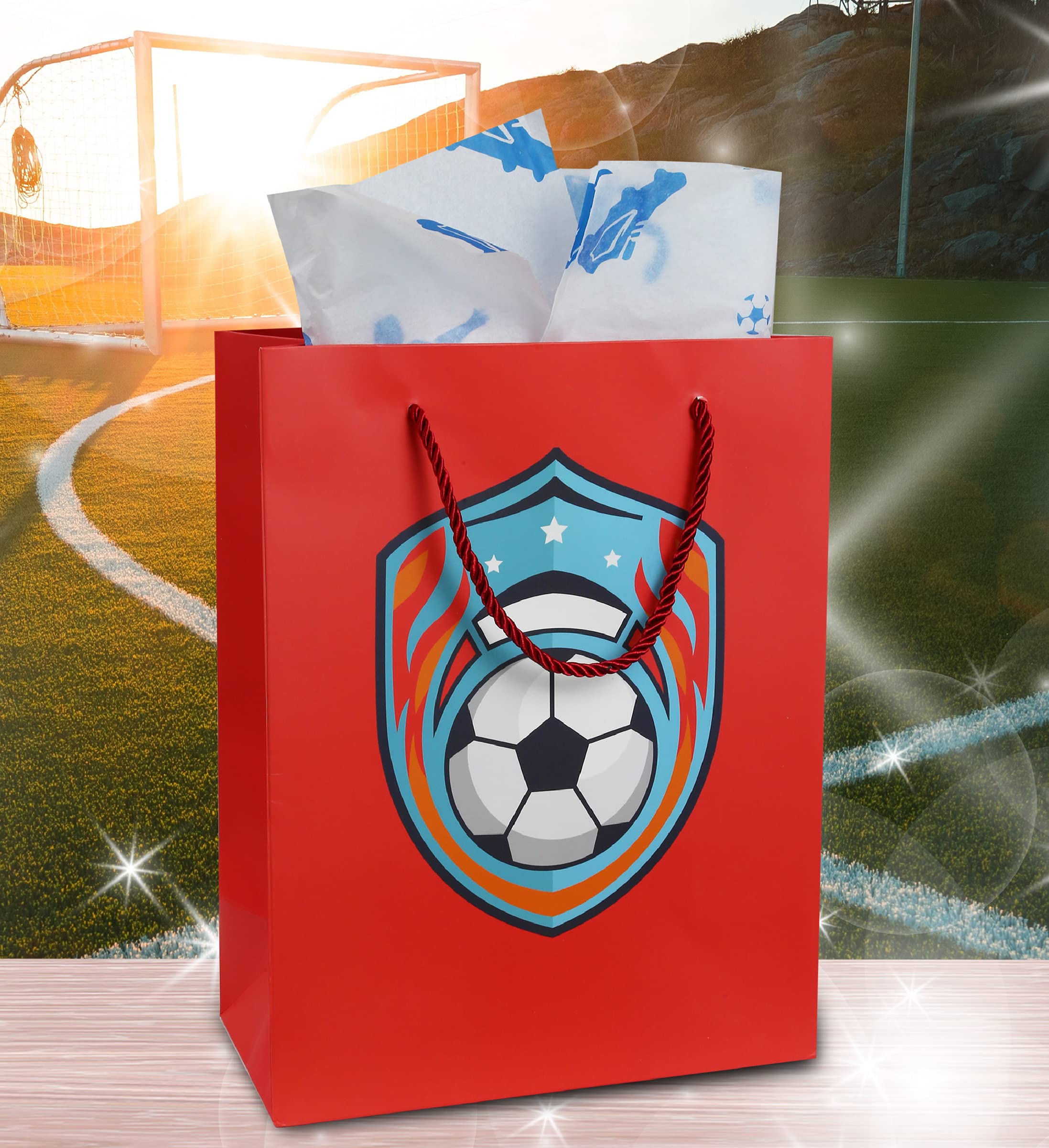 Premium Red Soccer Gift Bags with Tissue Paper - 13 Inch Large Reusable Paper Gift Bags with String Handles for Soccer Birthday Party Decorations, Sports Themed Gifts, and Team Celebrations - Perfect for Soccer Lovers, Coaches, and Players