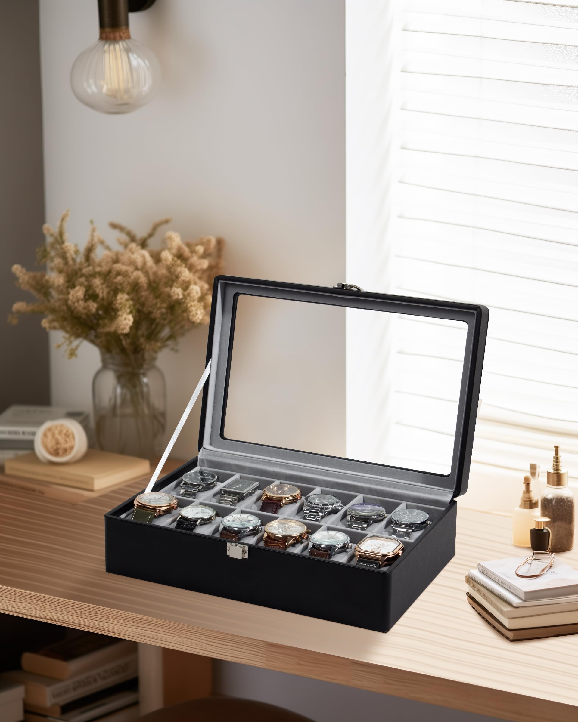 GUKA 12 Slot Watch Box with Large Real Glass Lid - Premium Black Synthetic Leather Watch Organizer with Removable Pillows | Perfect for Watch Collection Display, Storage & Travel