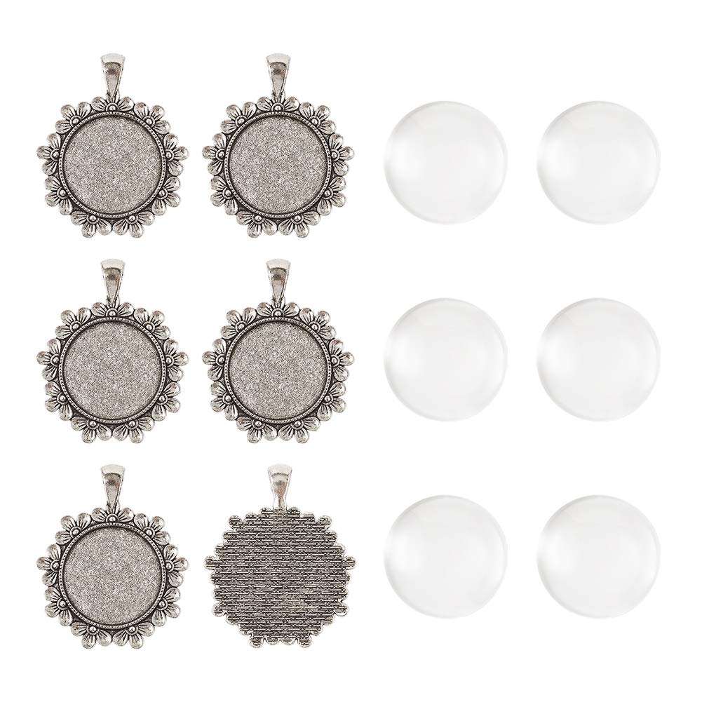 Craftdady 10Pcs Silver Floral Bezel Pendant Trays with 25mm Clear Glass Cabochons - DIY Jewelry Making Supplies for Necklace, Bracelet & Earrings - Perfect for Handmade Gifts, Craft Projects & Jewelry Design