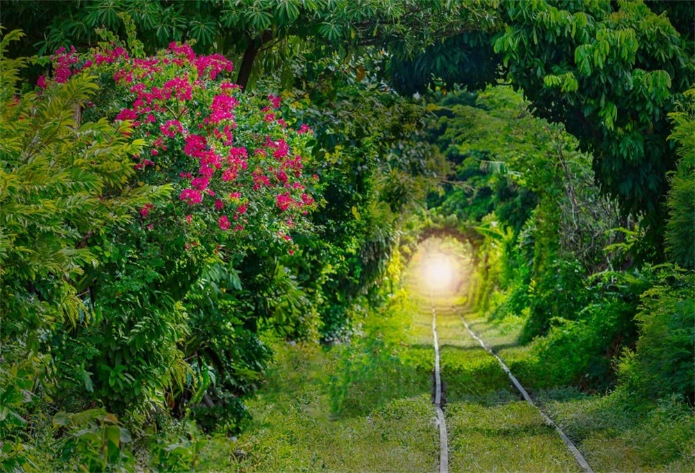 7x5ft Green Trees Arch Tunnel Vinyl Photography Backdrop - Narrow Path with Flowers & Grass Covered Railway Track for Portraits, Video Displays, Photo Studio Props | Perfect for Outdoor-Themed Shoots, Wedding Backgrounds, and Social Media Content Creation