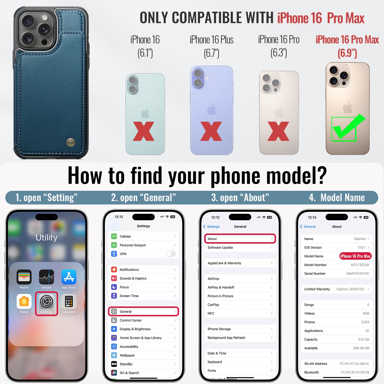 iPhone 16 Pro Max Wallet Case with Card Holder & RFID Blocking - Magnetic Clasp Kickstand Shockproof Phone Cover (6.9