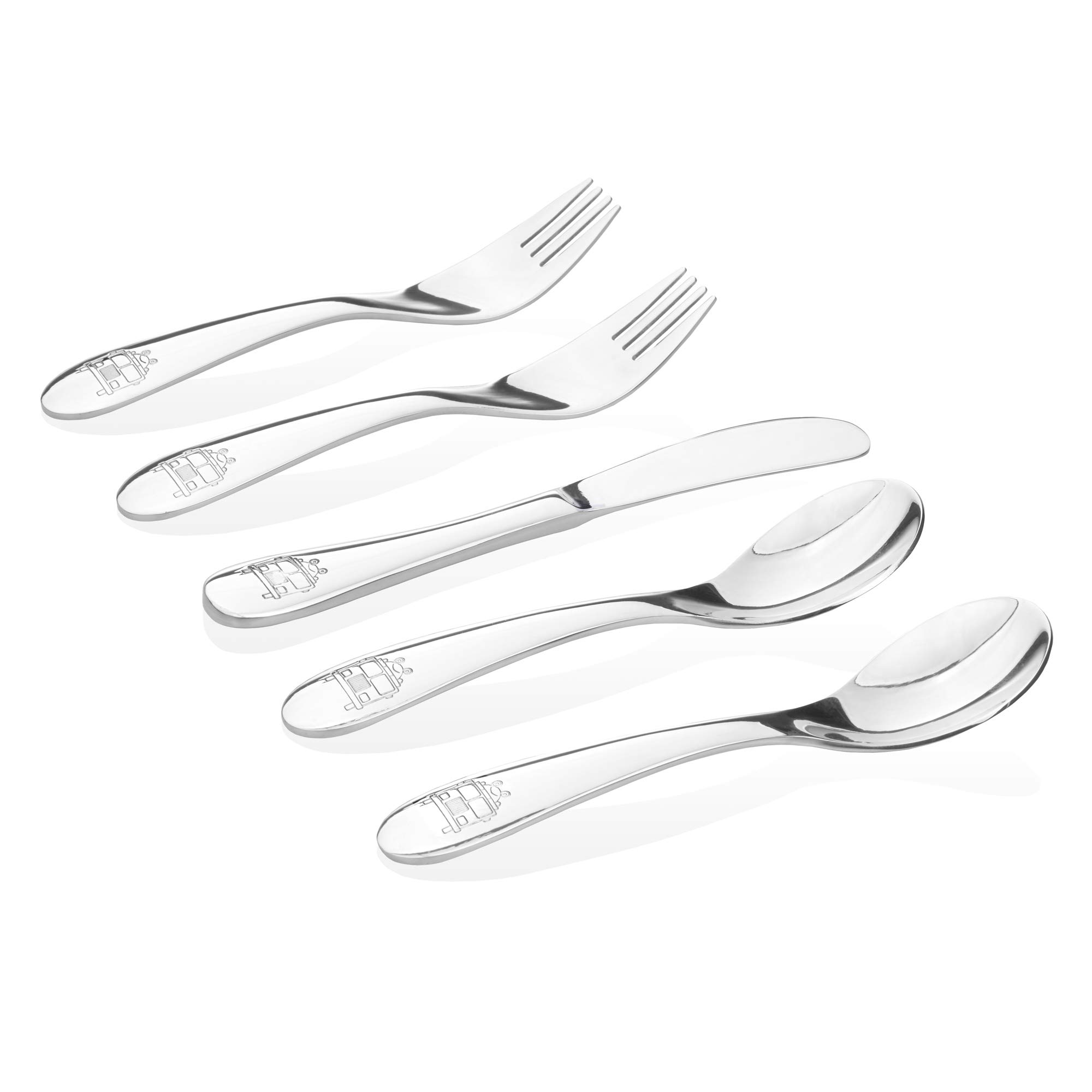 Kiddobloom Kids Stainless Steel Utensil Set - 5-Piece 304 Grade Safe Silverware (2 Spoons, 2 Forks, 1 Butter Knife) for Toddlers & Children - Durable Fire Truck Design for Home, School & Travel Meals