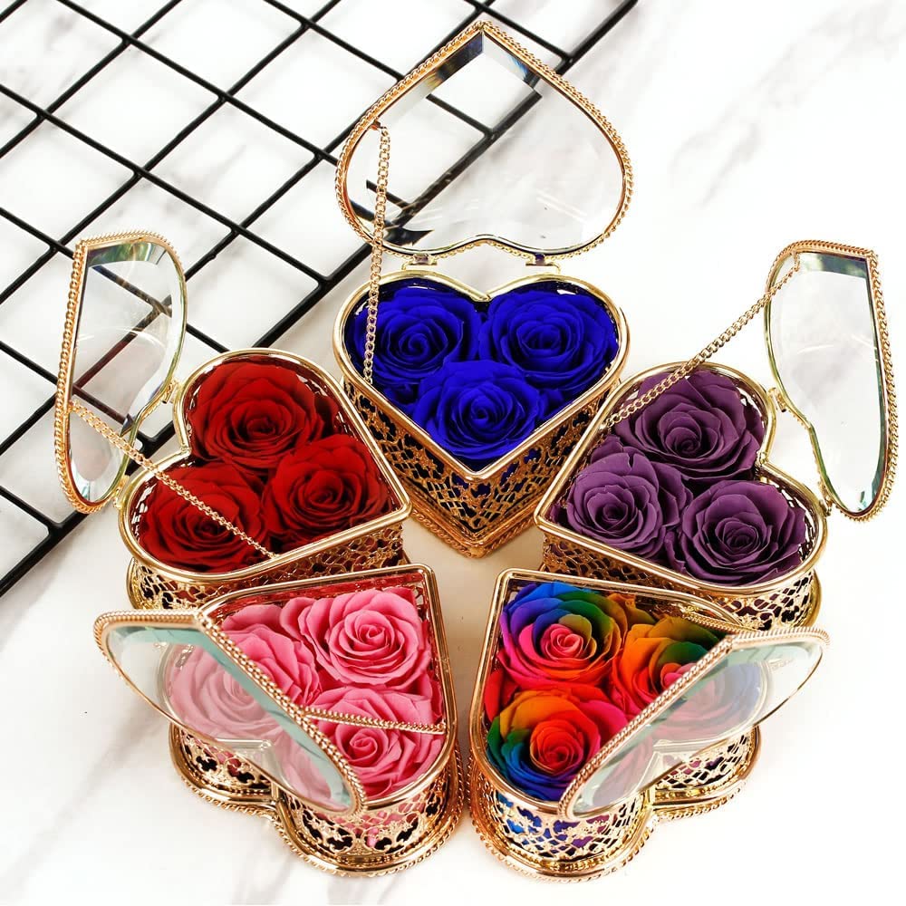 Enchanted Real Preserved Roses in Heart Shaped Glass Box - Long Lasting Eternal Flowers for Valentine's Day, Mother's Day, Anniversary Gifts - Luxury Elegant Metal & Glass Display Case - Perfect for Romantic Surprises, Wedding Decor, and Home Decoration