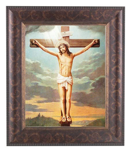 Antique Gold & Espresso Framed Crucifixion Wall Art - Large Size with Beveled Edge & Gold Lip - Perfect for Home, Church & Office Decor