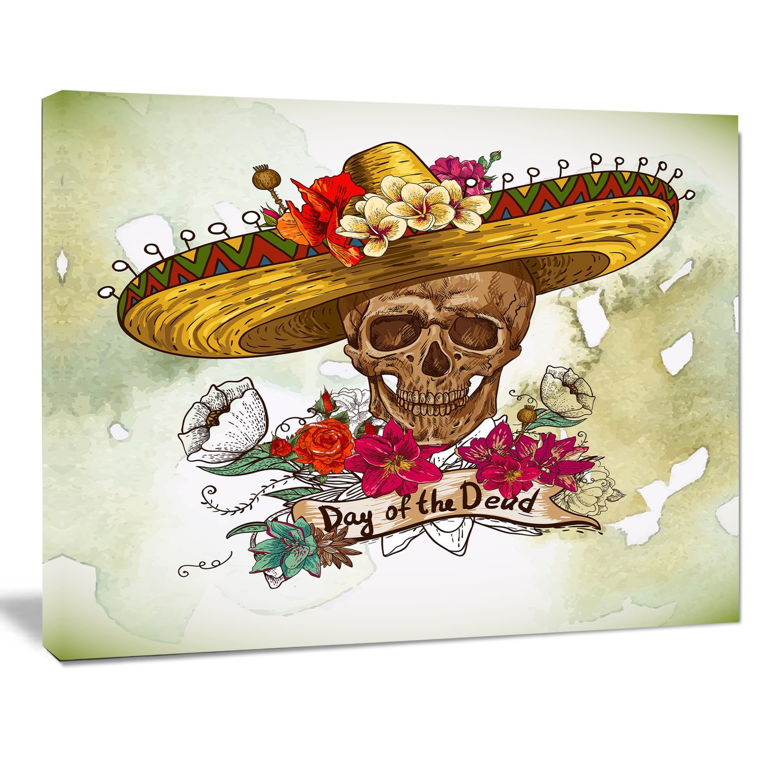 Skull in Sombrero with Flowers - Mexican Sugar Skull Floral Art Canvas Print Wall Decor for Day of the Dead, Home & Office Decorations