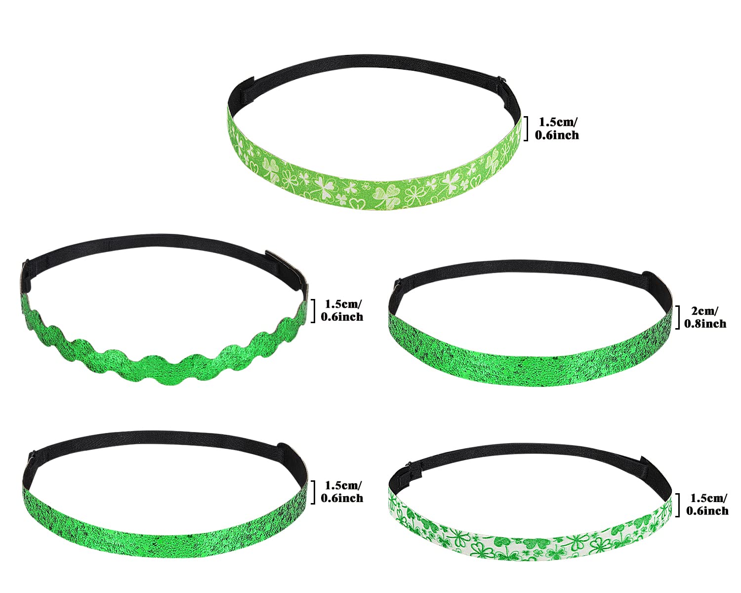 MoKo St. Patrick's Day Headband 5-Pack - Non-Slip Stretchy Green Glitter Clover Headbands for Women, Girls & Teens - Perfect for St. Patrick's Day Parties, Parades & Festive Celebrations