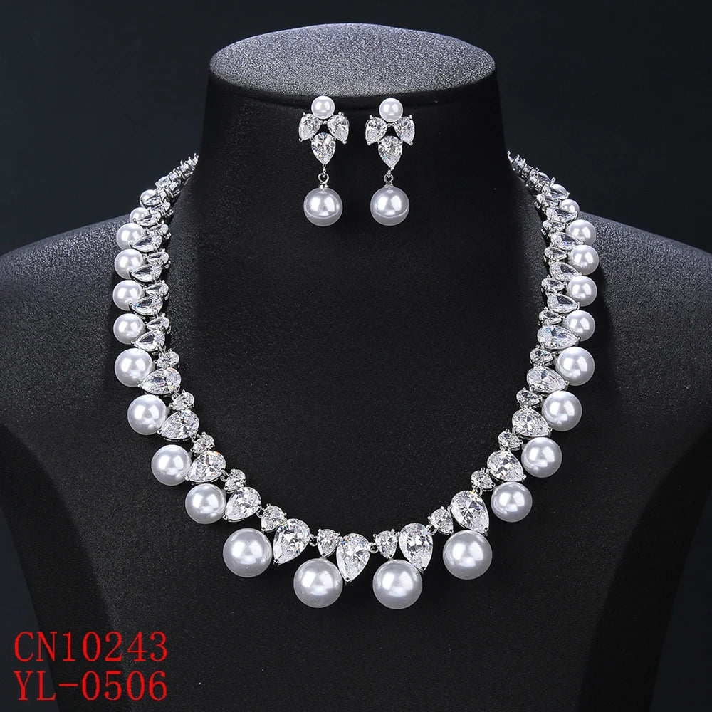 Luxury Water Drop Cubic Zirconia Pearl Necklace for Women - Elegant Wedding Jewelry Set, Bridesmaid Gift (CN10243) | Perfect for Weddings, Proms, Anniversaries and Special Occasions