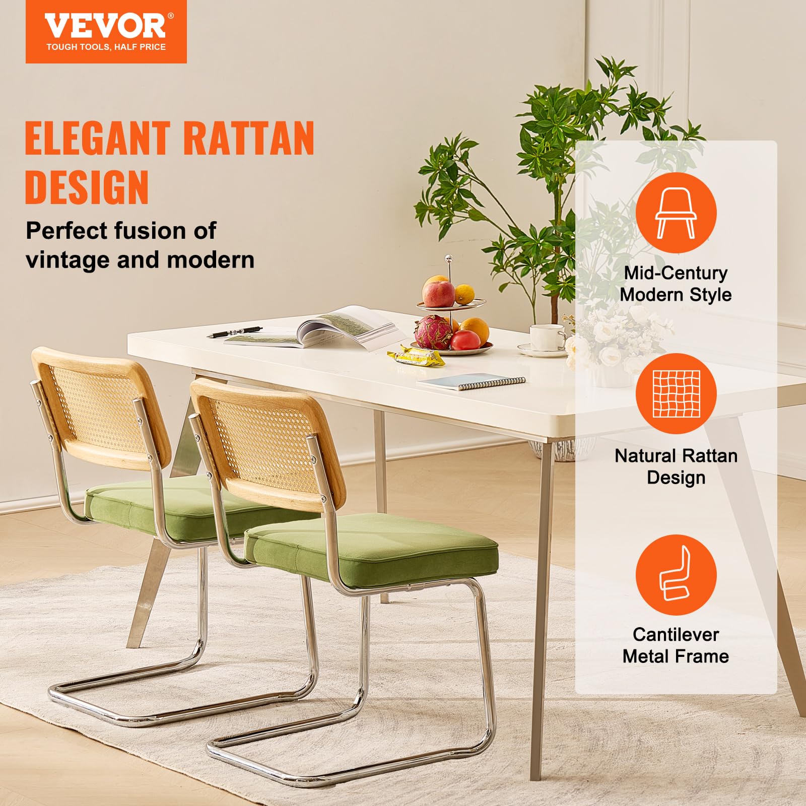 VEVOR Rattan Dining Chairs Set of 2 - Mid Century Modern Velvet Upholstered Accent Chairs with Woven Rattan Back - 18.1 Inch Retro Kitchen & Dining Room Chairs for Living Room, Bedroom, Patio - Comfortable Seating for Home Decor & Entertaining